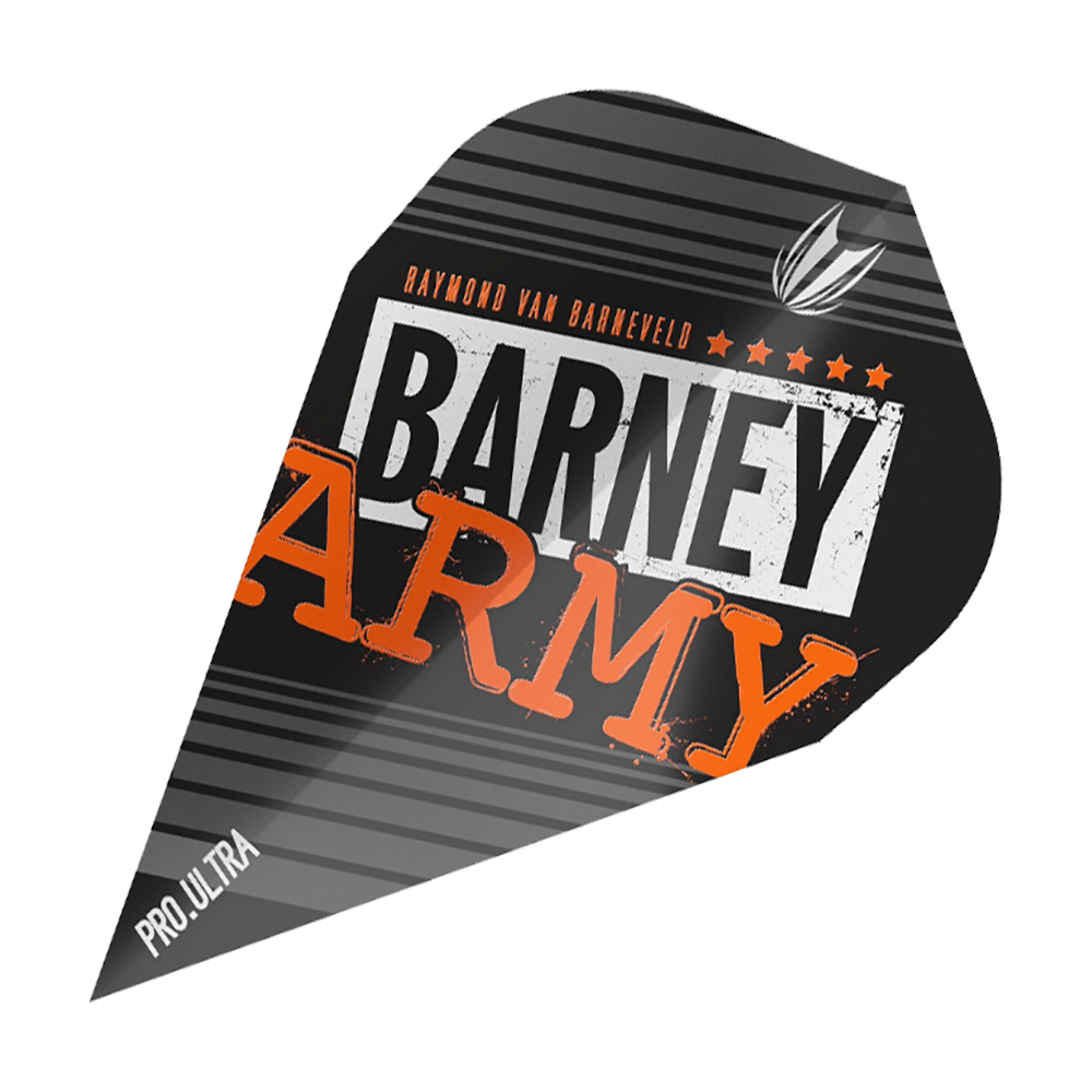 Das Bild zeigt ein Dart-Flight mit der Aufschrift "BARNEY ARMY" in schwarzen, weißen und orangenen Farben. Oben steht "Raymond van Barneveld" und unten links ist "Pro.Ultra" zu sehen.