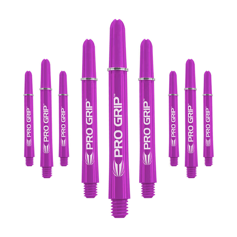 Target Pro Grip Shafts - 3 Sets - Purple Das Bild zeigt neun lila Dartschäfte der Marke "Pro Grip". Sie sind in drei Gruppen angeordnet, jeweils drei in der Mitte, links und rechts.