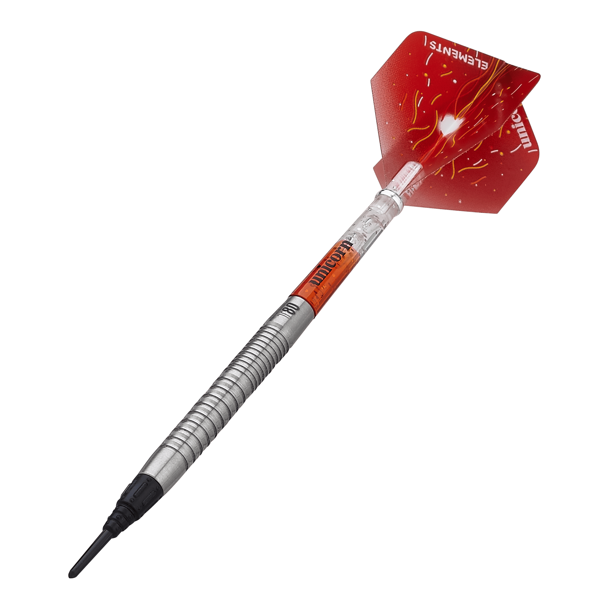 Unicorn Core XL Striker Style 1 Soft Darts - 19g Das Bild zeigt einen Unicorn Core XL Striker Style 1 Softdart mit 19g Gewicht. Der Dart hat eine silberne, geriffelte Spitze und rote Flights mit einem auffälligen Design.