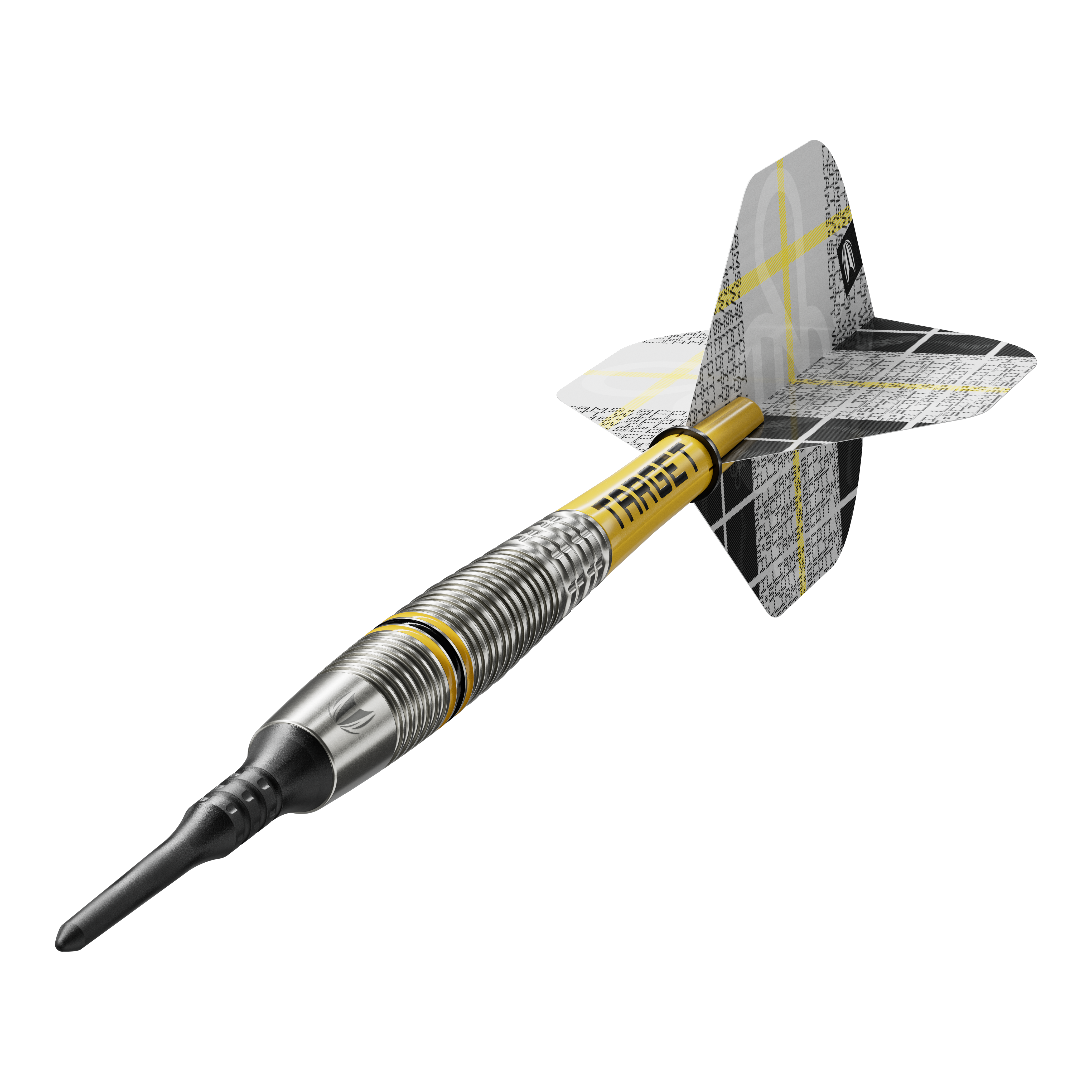 Das Bild zeigt einen Target Scott Williams GEN2 Softdart mit einem Gewicht von 18 Gramm. Der Dart hat ein silbernes Barrel mit gelben Akzenten und einen schwarz-gelben Flight.