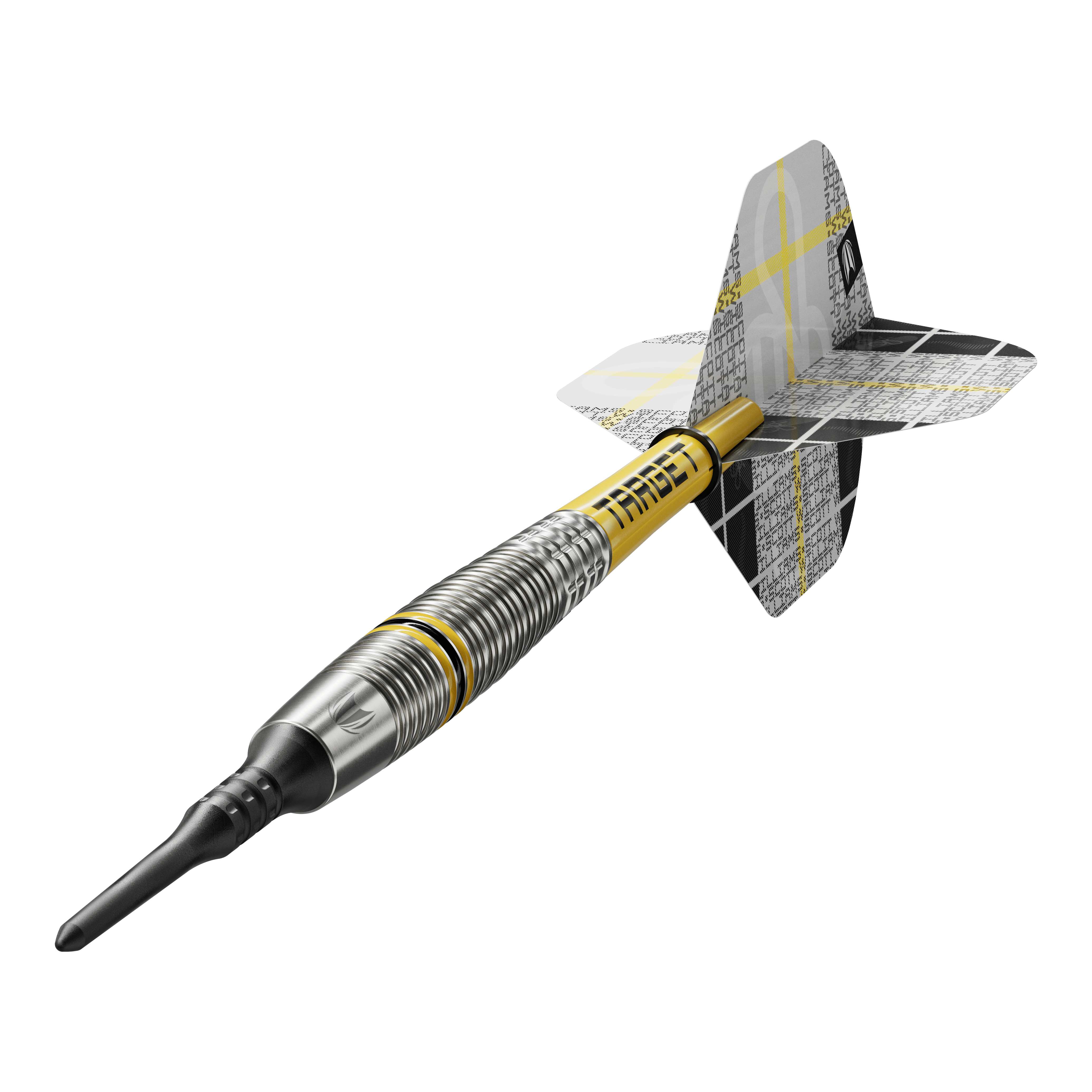 Target Scott Williams GEN2 soft darts - 18g Das Bild zeigt einen Target Scott Williams GEN2 Softdart mit einem Gewicht von 18 Gramm. Der Dart hat ein silbernes Barrel mit gelben Akzenten und einen schwarz-gelben Flight.