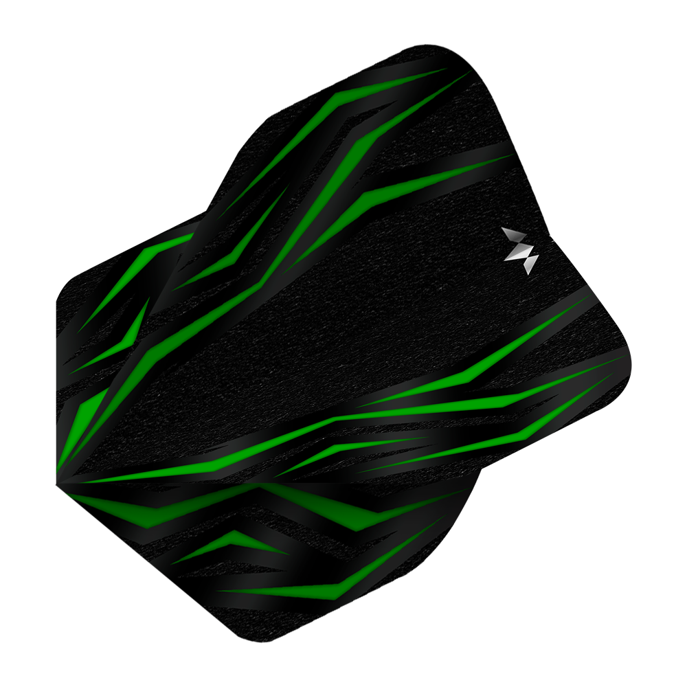 Mission Lava Green No2 Standard Flights Das Bild zeigt das Produkt „Mission Lava Green No2 Standard Flights“. Es ist ein schwarzes Dart-Flight mit grünen, lavamusterartigen Linien.