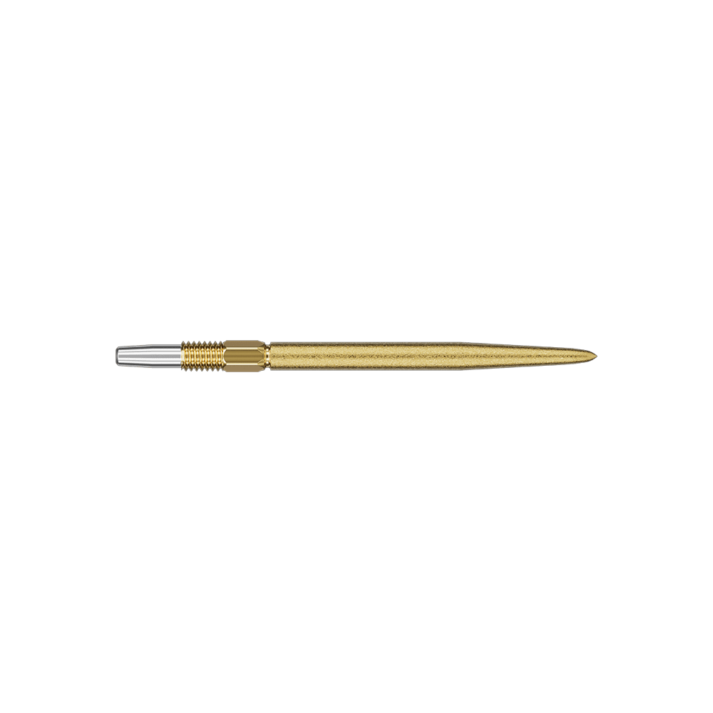 Target Swiss Point SLK dart tips - gold Das Bild zeigt eine goldene Dartspitze mit einem silbernen Anschlussstück. Die Spitze ist schlank und etwa 30 mm lang.