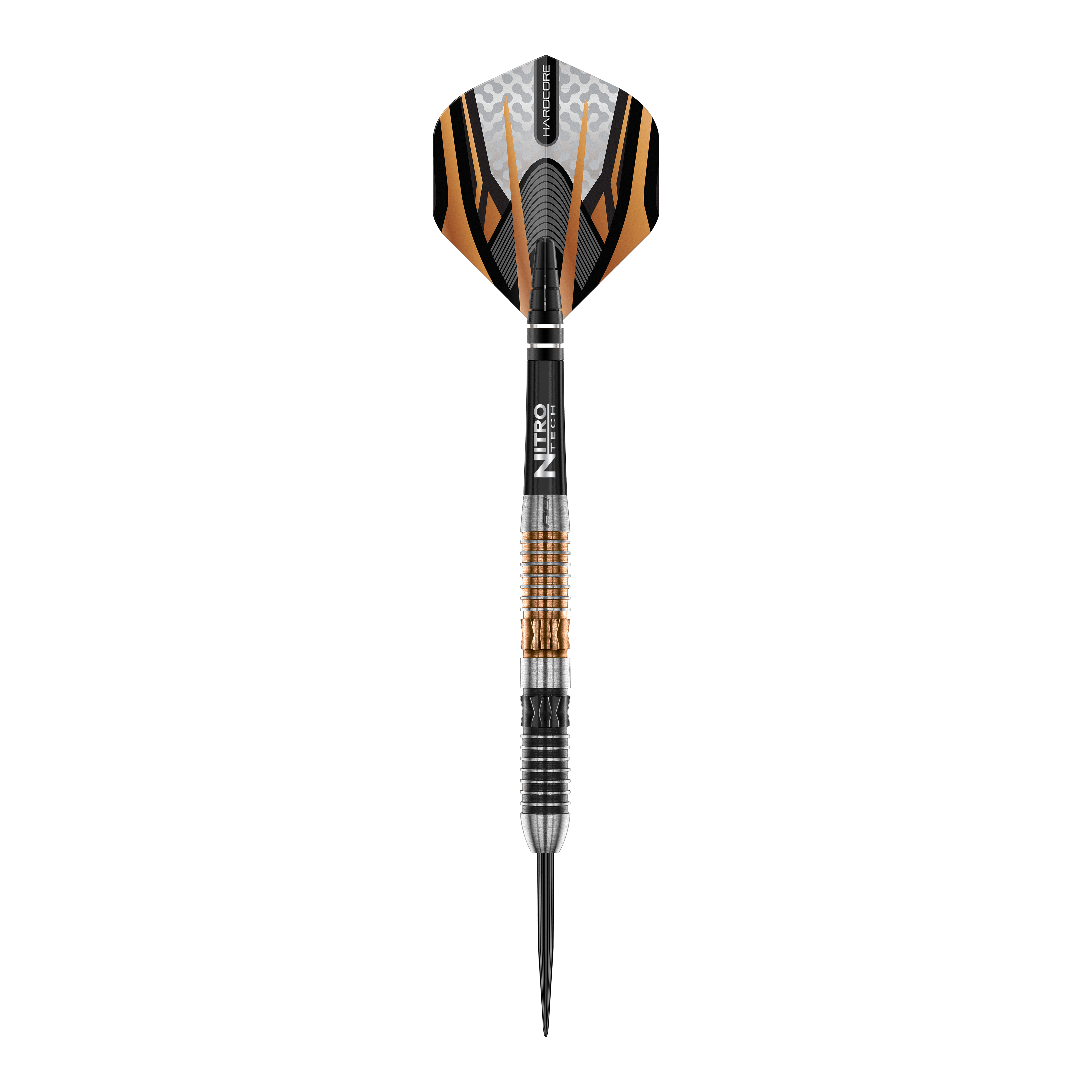 Red Dragon Panterra steel darts Das Bild zeigt einen Red Dragon Panterra Steeldart mit auffälligem orange-schwarzem Design. Der Dart verfügt über eine strukturierte Griffzone und eine scharfe Metallspitze.