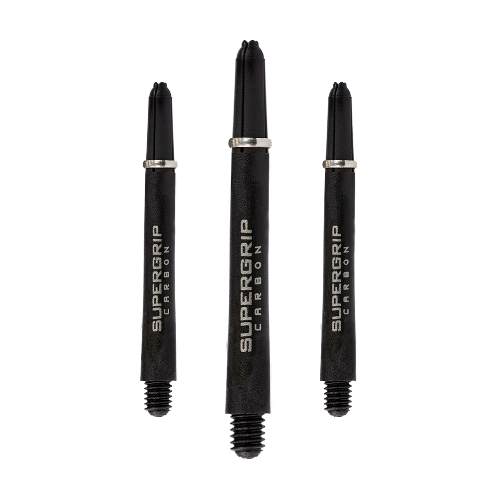 HR356_Harrows_Supergrip_Carbon_Shafts_Silber_47mm_1sWm7fThXzqHSG Das Bild zeigt drei Harrows Supergrip Carbon Shafts in Silber. Sie sind schwarze Dartschäfte mit der Aufschrift "Supergrip Carbon" und einem silbernen Ring.
