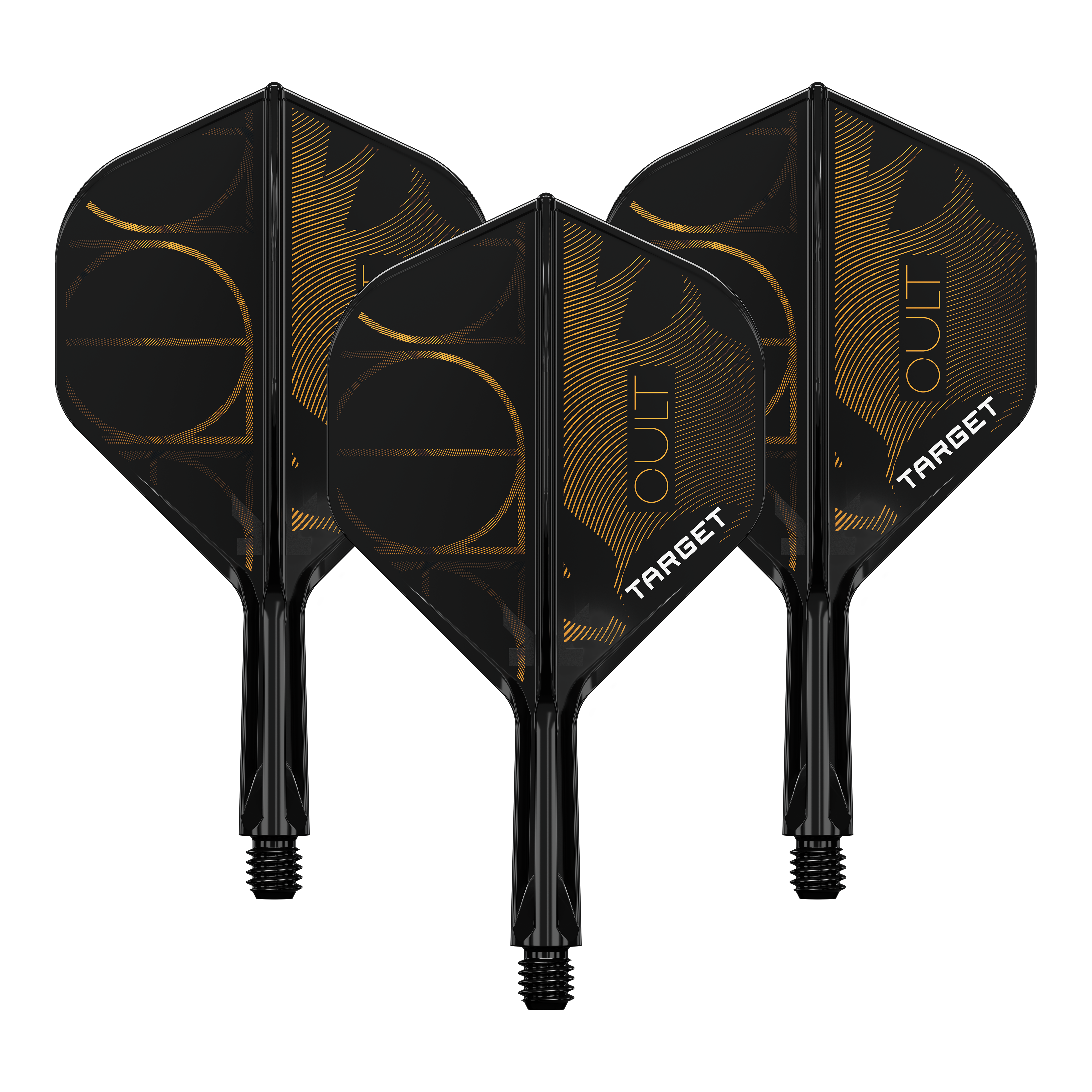 Das Bild zeigt ein Produkt namens '410169 Target K-Flex Cult No2 Standard Flights 19mm 1Set'. Es handelt sich wahrscheinlich um einen Satz Dart-Flights.