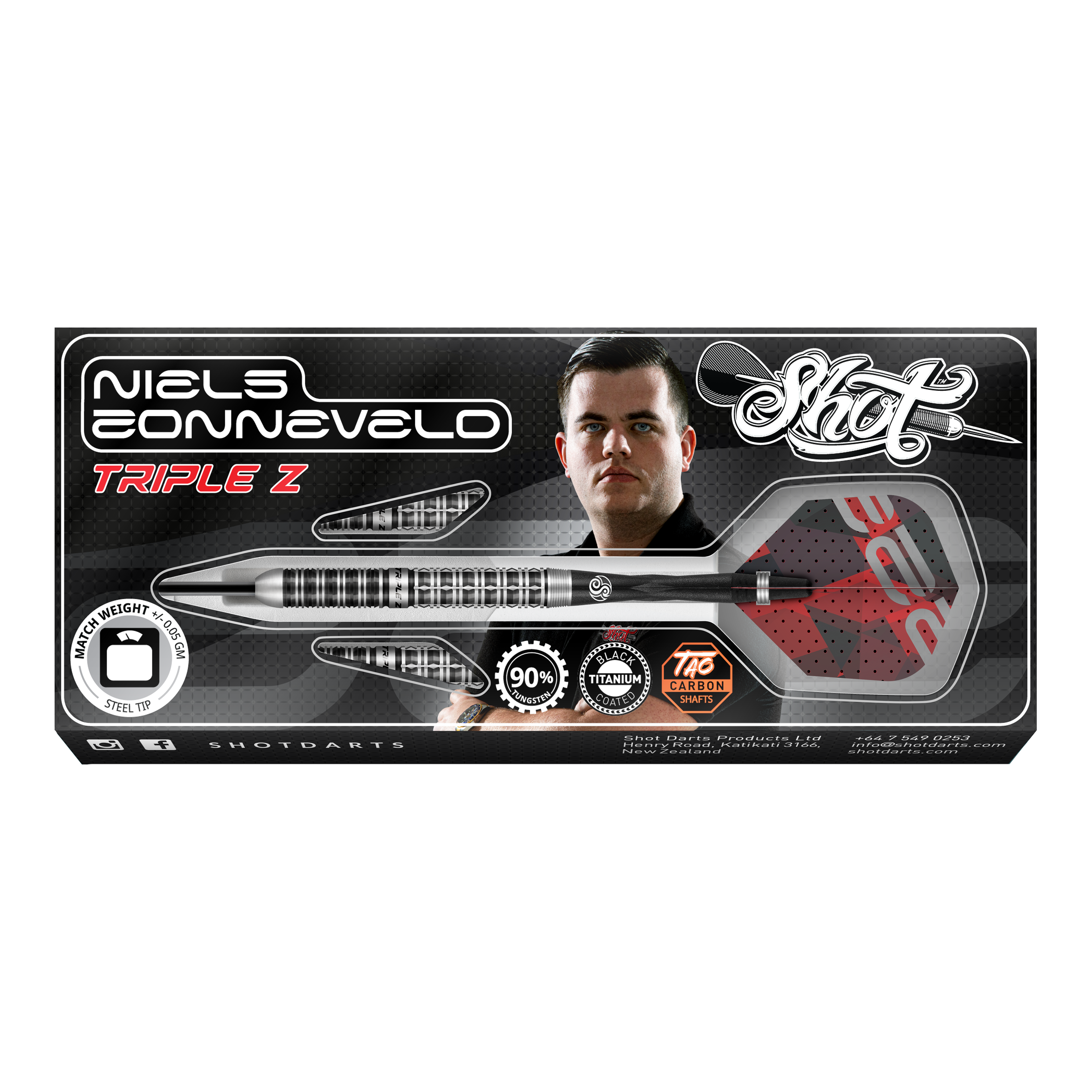 Auf dem Bild ist die Verpackung der "Shot Niels Zonneveld V2 Steeldarts" zu sehen. Die Verpackung zeigt einen Dartpfeil, das Logo und ein Porträt von Niels Zonneveld.