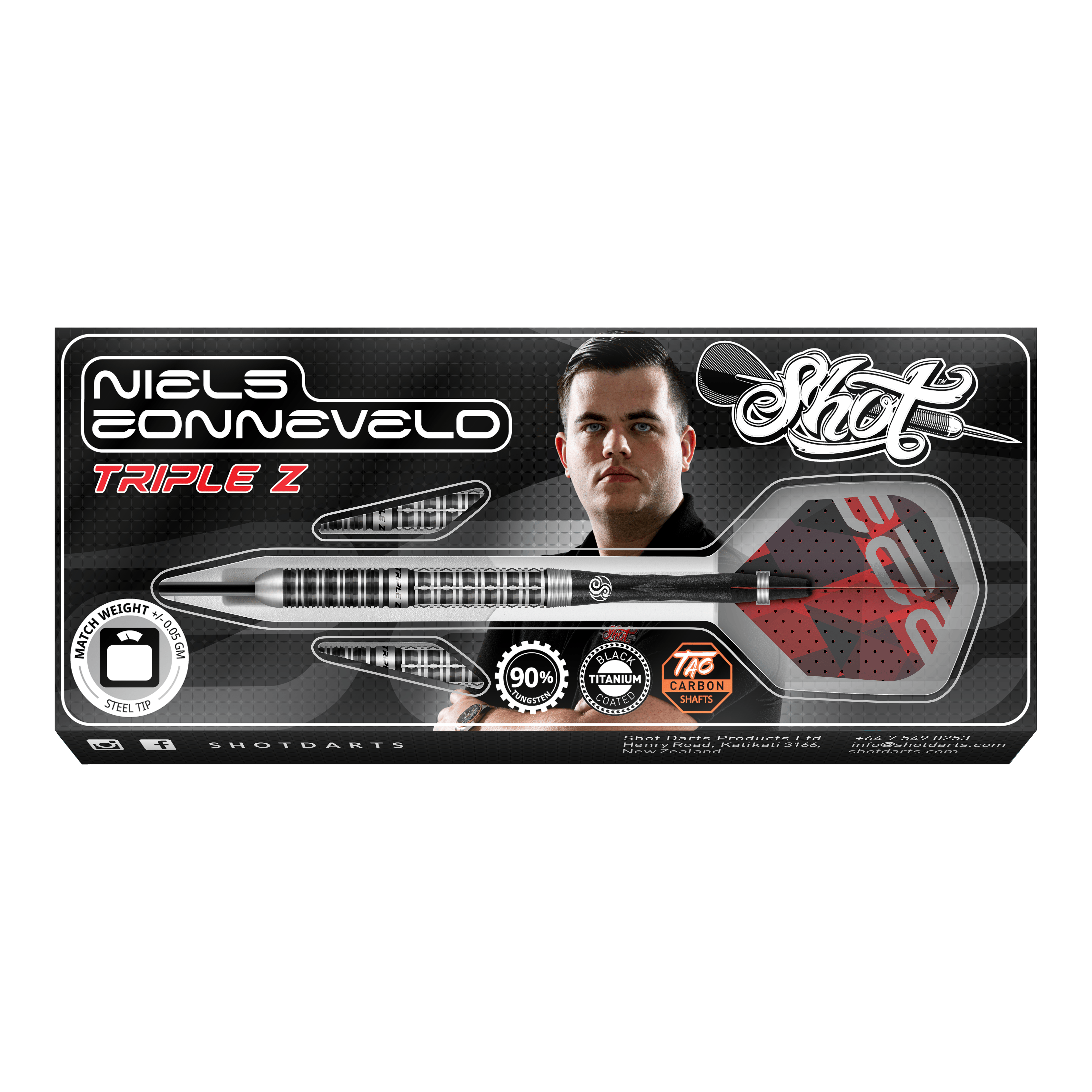 Shot Niels Zonneveld V2 steel darts Auf dem Bild ist die Verpackung der "Shot Niels Zonneveld V2 Steeldarts" zu sehen. Die Verpackung zeigt einen Dartpfeil, das Logo und ein Porträt von Niels Zonneveld.