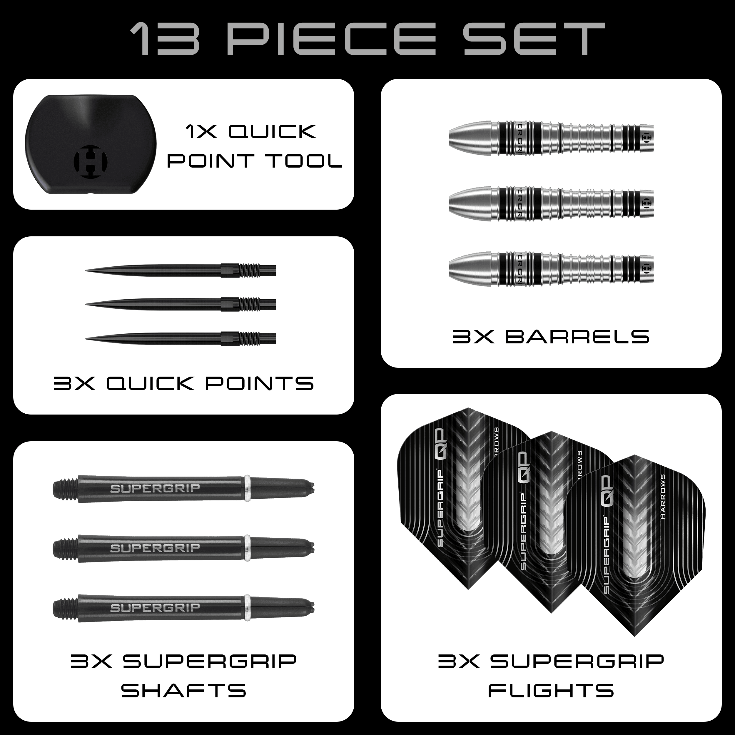 Harrows Supergrip Bomb Quick Point Steel Darts Hier sind die Harrows Supergrip Bomb Quick Point Steeldarts zu sehen. Die Darts eignen sich hervorragend für präzises Spiel.