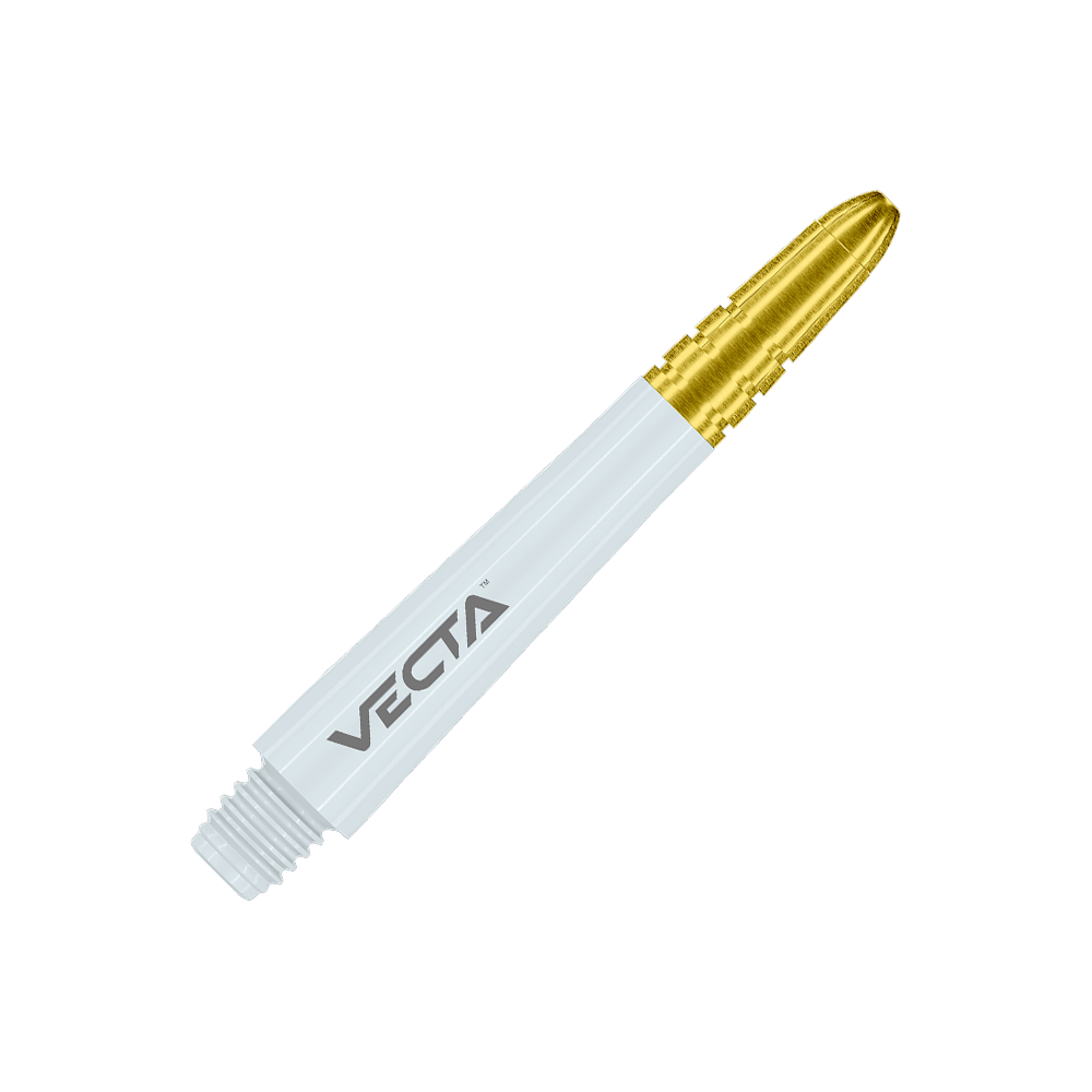 Dies ist ein weißer Dartshaft mit goldenem oberen Ende. Auf dem Schaft steht das Wort "VECTA".