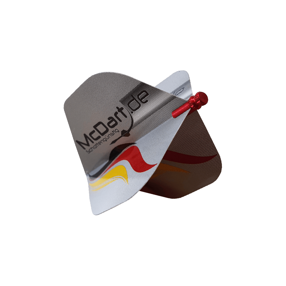 608_Alu_Flightschoner_Rot_2 Das Bild zeigt einen Alu Flightschoner, der an den Flights eines Dartpfeils befestigt ist. Der Flightschoner ist aus Metall und schützt die Flights vor Beschädigungen.