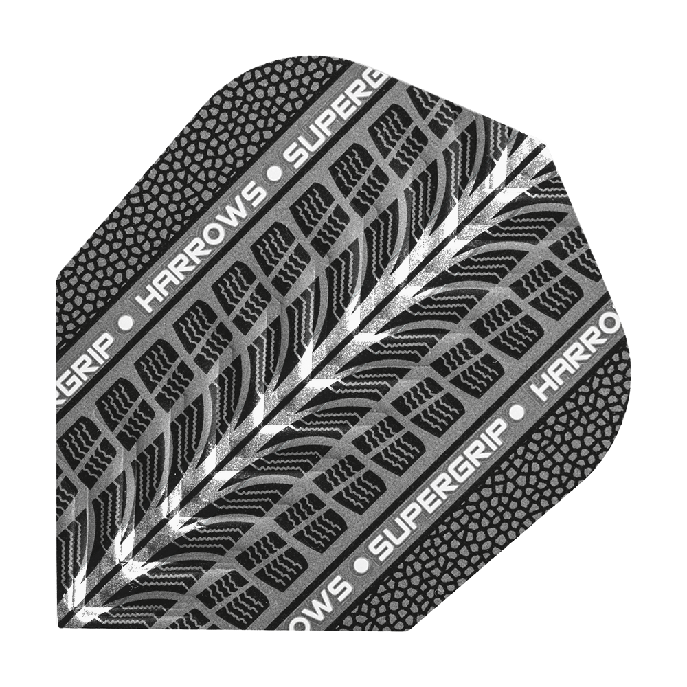 Das Bild zeigt die Harrows Supergrip Weiß No6 Flights. Es handelt sich um weiße Dart-Flights für präzises Spiel.