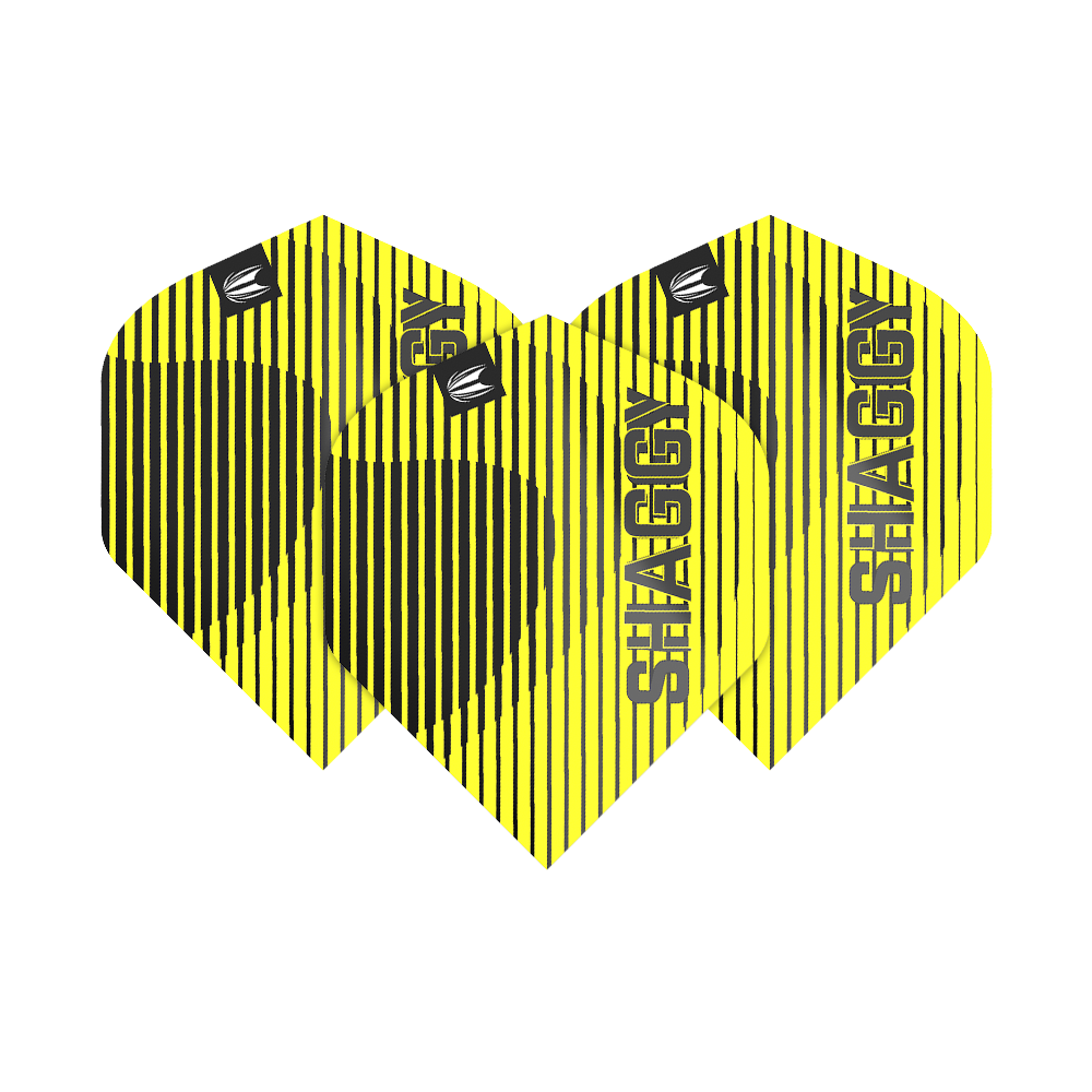 Das Bild zeigt drei Dart-Flights mit gelben und schwarzen Streifen. Auf jedem Flight steht das Wort "SHAGGY" und das Target-Logo ist ebenfalls sichtbar.