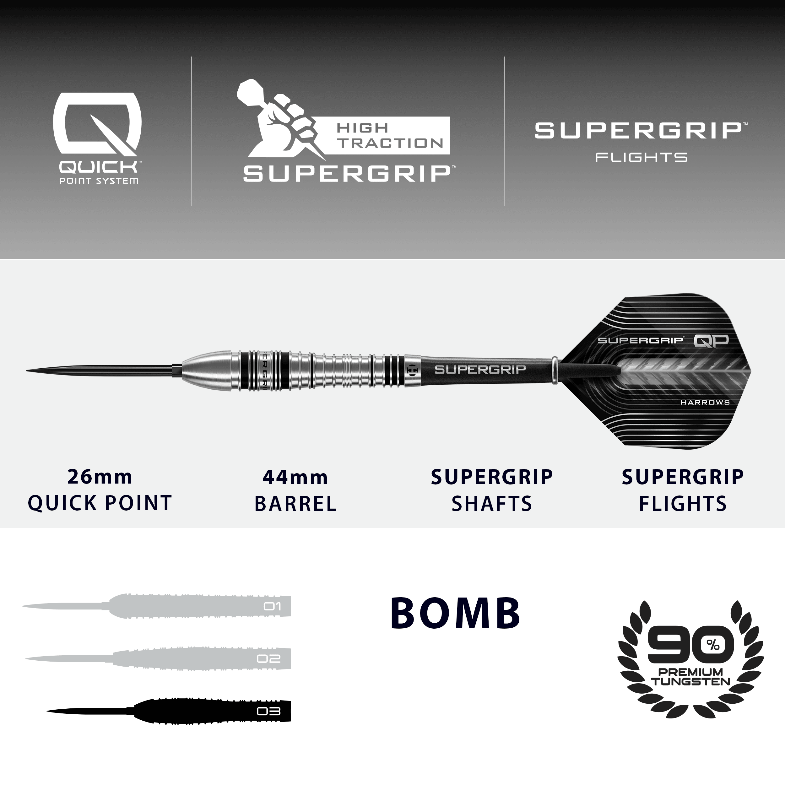 Harrows Supergrip Bomb Quick Point Steel Darts Dies ist ein Bild der Harrows Supergrip Bomb Quick Point Steeldarts. Die Steeldarts zeichnen sich durch ihren besonders guten Grip aus.