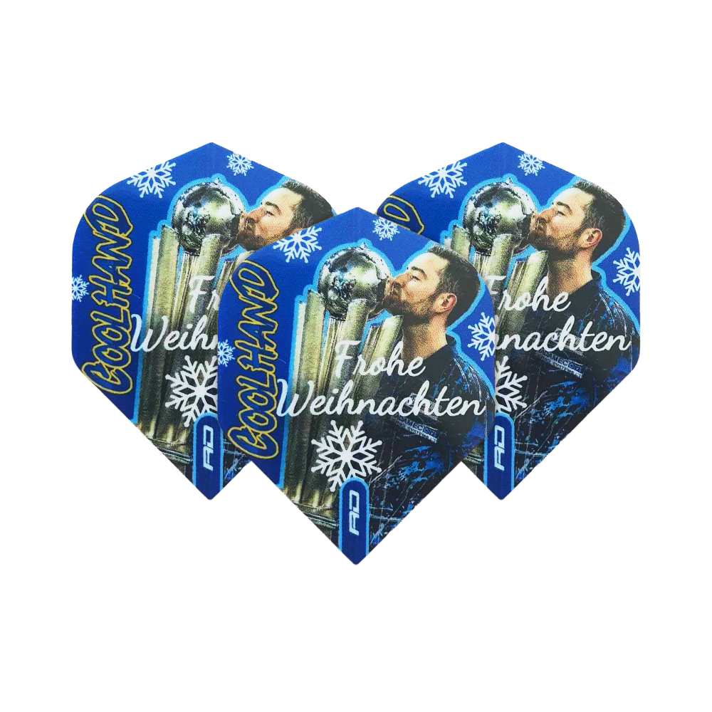 Bild zeigt das Produkt WF-16_Red_Dragon_Luke_Humphries_Frohe_Weihnachten_Standard_Flights_1Set. Es handelt sich um ein Set von Dart-Flights mit weihnachtlichem Motiv.