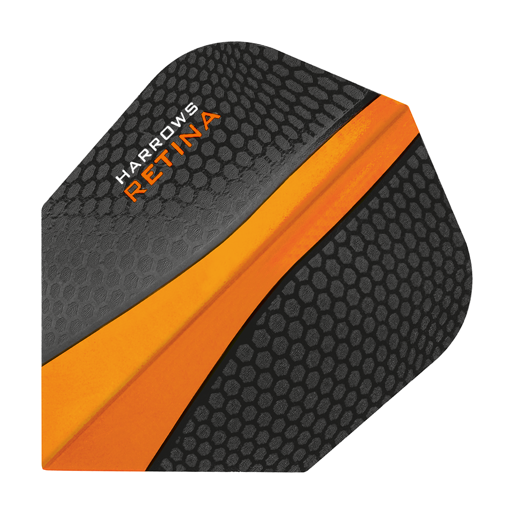 HR66_Harrows_Retina_Orange_No2_Standard_Flights_1 Dies ist ein Harrows Retina Orange No6 Flight für Dartpfeile. Das Design ist überwiegend schwarz mit einem auffälligen orangen Streifen und Wabenmuster.