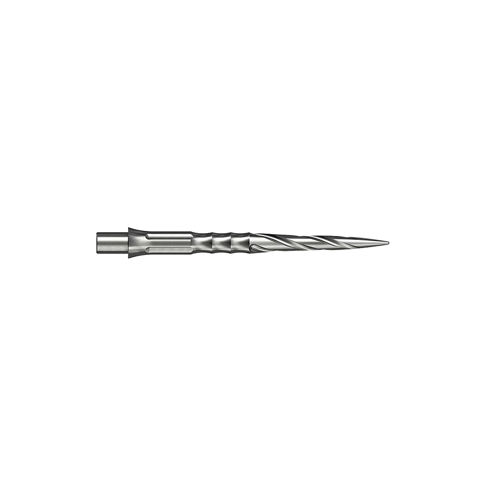 Hier sind silberne Steeldartspitzen des Caliburn Evo Systems mit Spiro-Design und 28 mm Länge abgebildet. Zwei dieser Spitzen liegen nebeneinander.