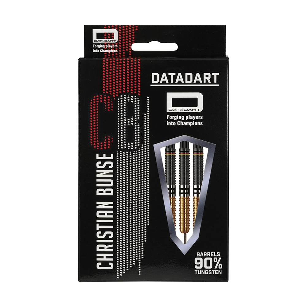 DA624_Datadart_Christian_Bunse_Gold_Black_Steeldarts_3 Die Abbildung zeigt die Verpackung der "Datadart Christian Bunse Gold Black Steeldarts". Auf der Vorderseite sind drei Steeldarts und Informationen wie "90% Tungsten" zu sehen.