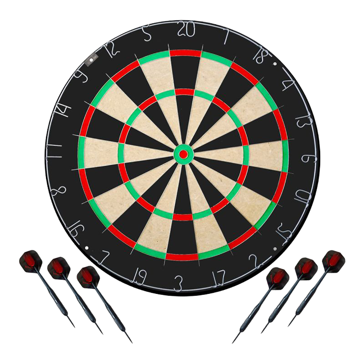 Das Bild stellt das Karella Dartboard BullOut Set mit zwei Sets Steeldarts dar. Es bietet alles, was man für ein direktes Dartspiel benötigt.