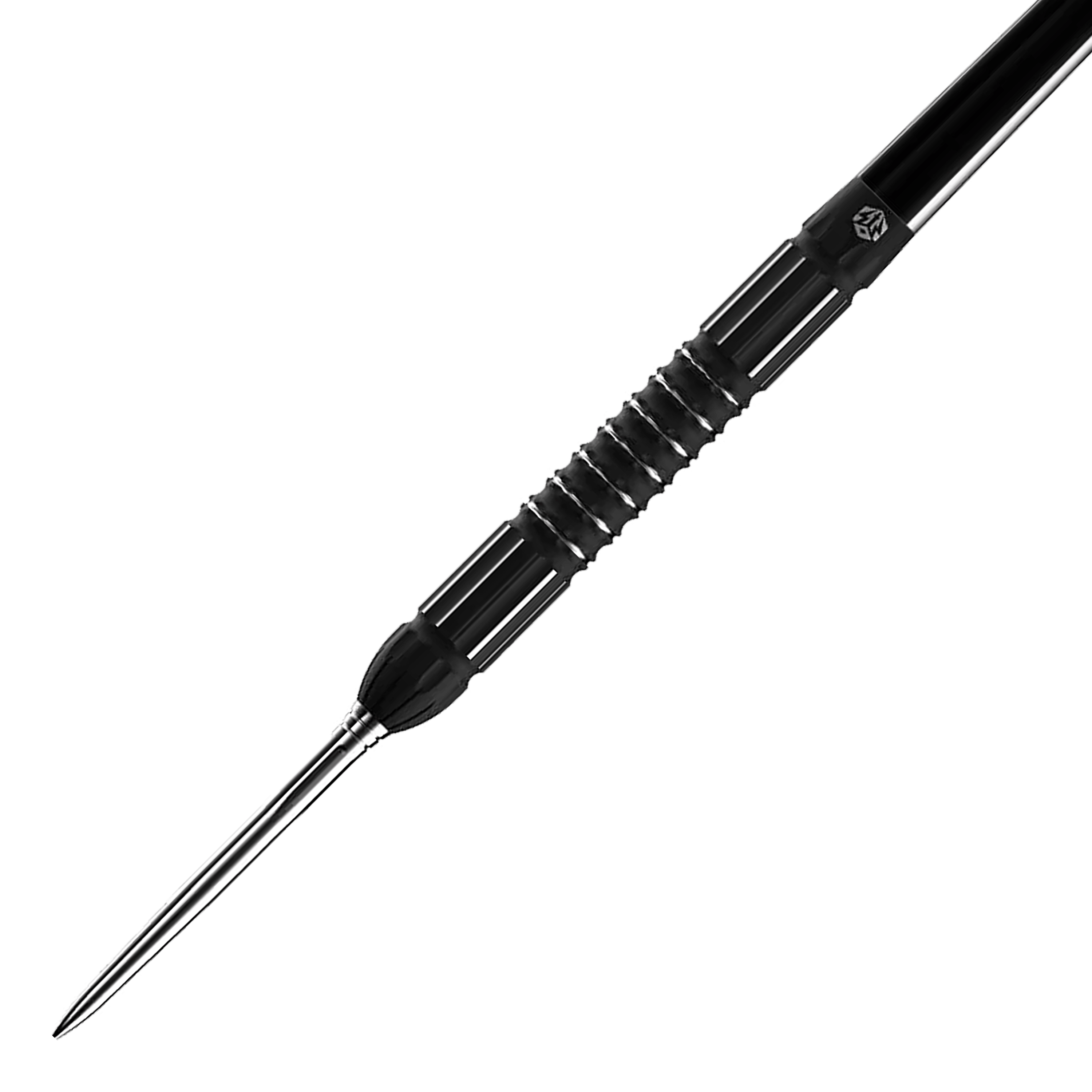 Caliburn Sword S2 steel darts Das Bild zeigt den Caliburn Sword S2 Steeldart. Der Dartpfeil hat ein schwarzes, geriffeltes Griffstück und eine silberne Spitze.