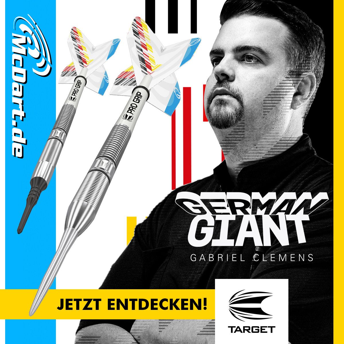 210048_Target_Gabriel_Clemens_2020_Softdarts_6_admedia Das Bild zeigt die Target Gabriel Clemens Generation One Softdarts neben einem Porträt von Gabriel Clemens. Unten steht in einem gelben Kasten: "JETZT ENTDECKEN!"