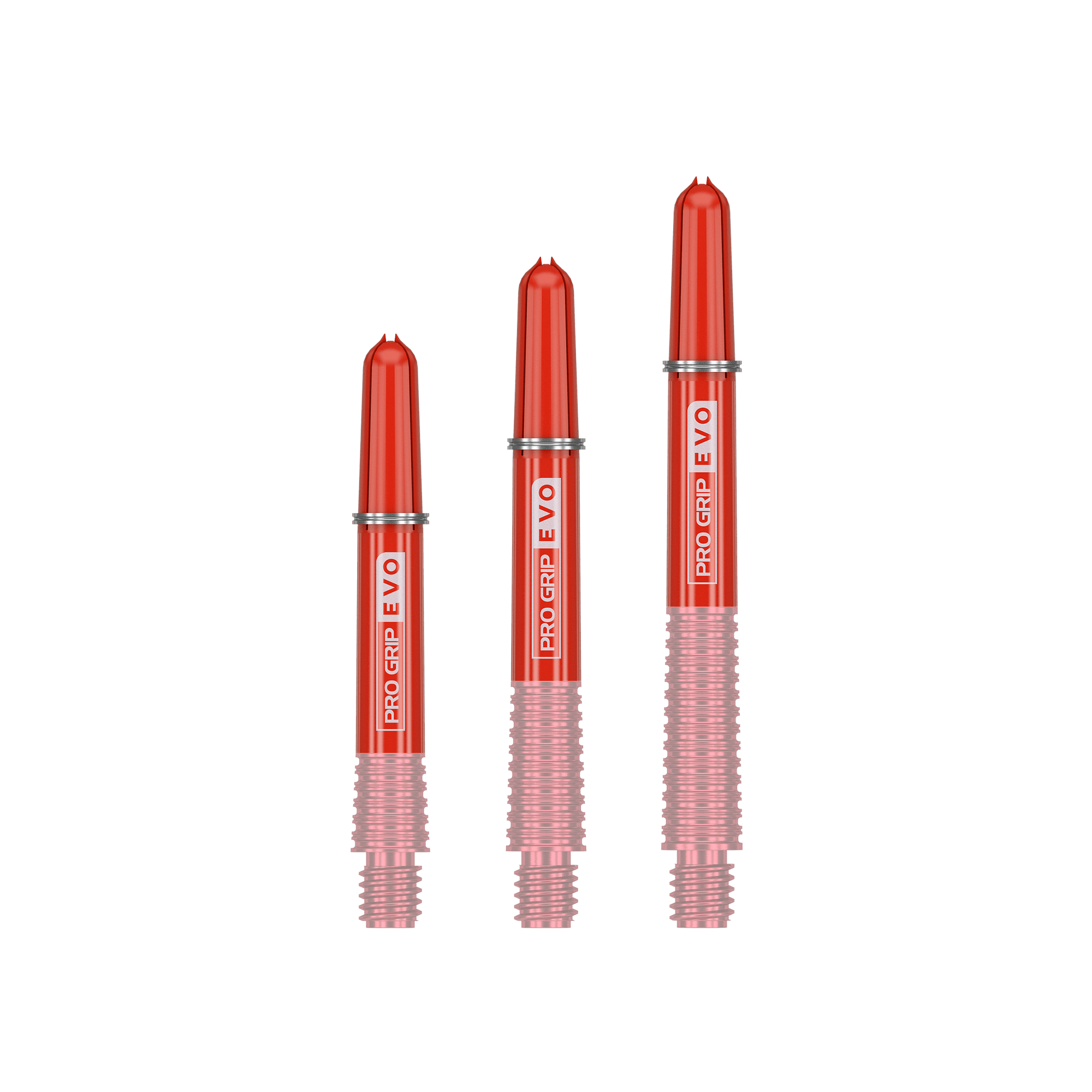 380085_Target_ProGrip_EVO_Tops_Rot_2 Das Bild zeigt drei rote Ersatztops für Dartshafts mit der Aufschrift "Pro Grip EVO". Sie sind unterschiedlich lang und gehören zum Produkt "Target Pro Grip EVO Ersatztops (9er Pack)".