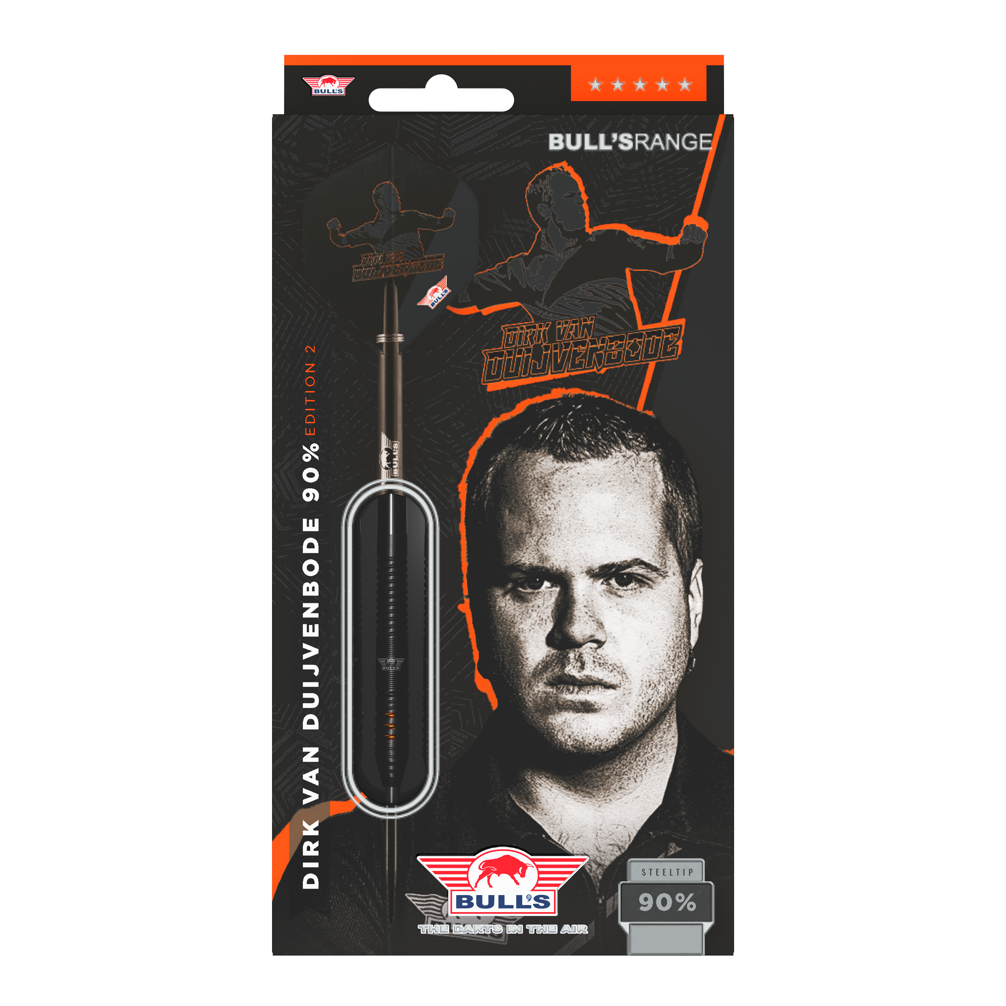 Bulls NL Dirk Van Duijvenbode Edition 2 steel darts Die Abbildung zeigt die Verpackung der "Bulls NL Dirk Van Duijvenbode Edition 2 Steeldarts". Auf der Verpackung ist ein Bild von Dirk Van Duijvenbode sowie ein Dartpfeil zu sehen.