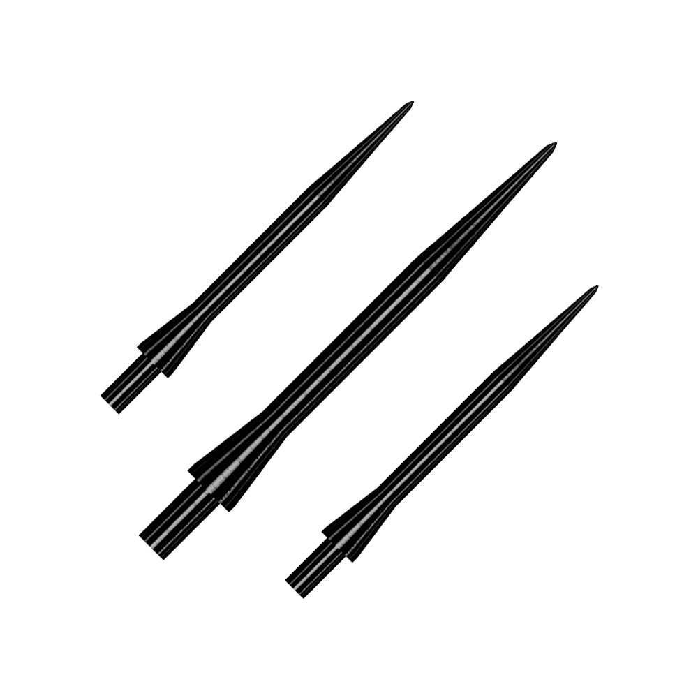 Winmau Velocity Black steel dart tips - 30mm Das Bild zeigt drei schwarze Steeldartspitzen des Modells "Winmau Velocity Black" in 30 mm Länge. Die Spitzen sind spitz zulaufend und metallisch glänzend.