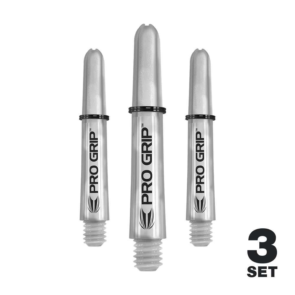 Target Pro Grip Shafts - 3 Sets - Transparent Das Bild zeigt drei transparente Pro Grip Schäfte für Darts. Unten rechts steht "3 Set" als Hinweis auf den Lieferumfang.