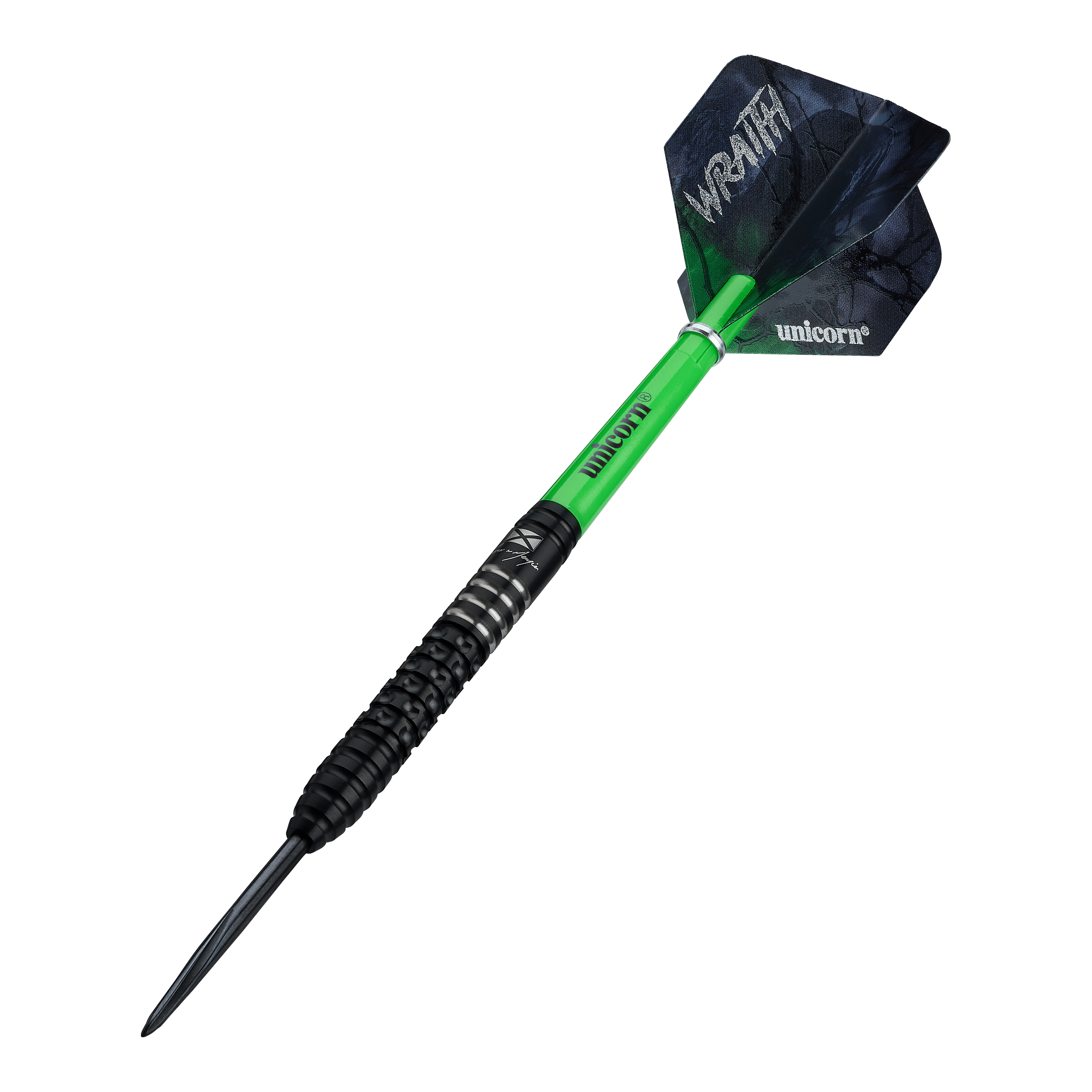 Das Bild zeigt die Unicorn Wraith Cameron Menzies Steeldarts - 23g. Diese Darts haben eine spezielle Form für präzises Werfen.
