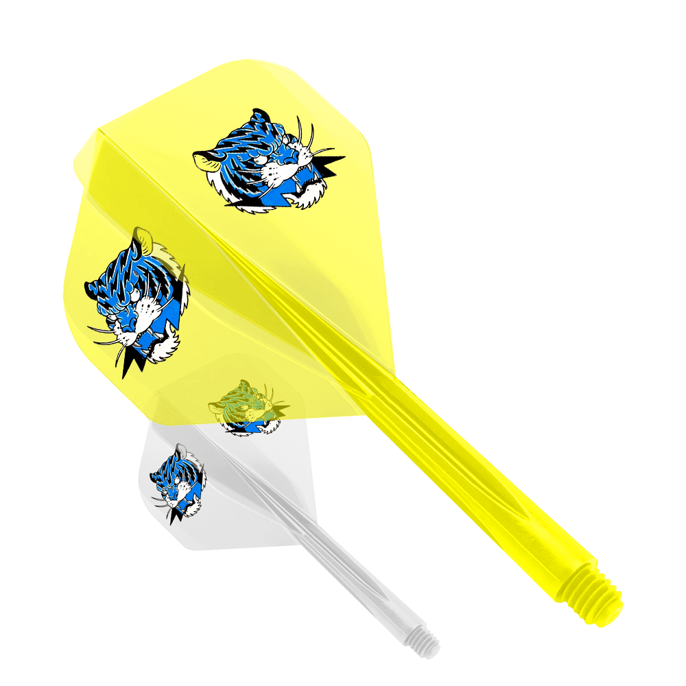 Das Bild zeigt das Produkt "Condor AXE Inazuma Tiger Mix Flight-System Yellow Clear - Small". Es handelt sich um einen gelben Dart-Flügel mit einem auffälligen Tigerkopf-Design.