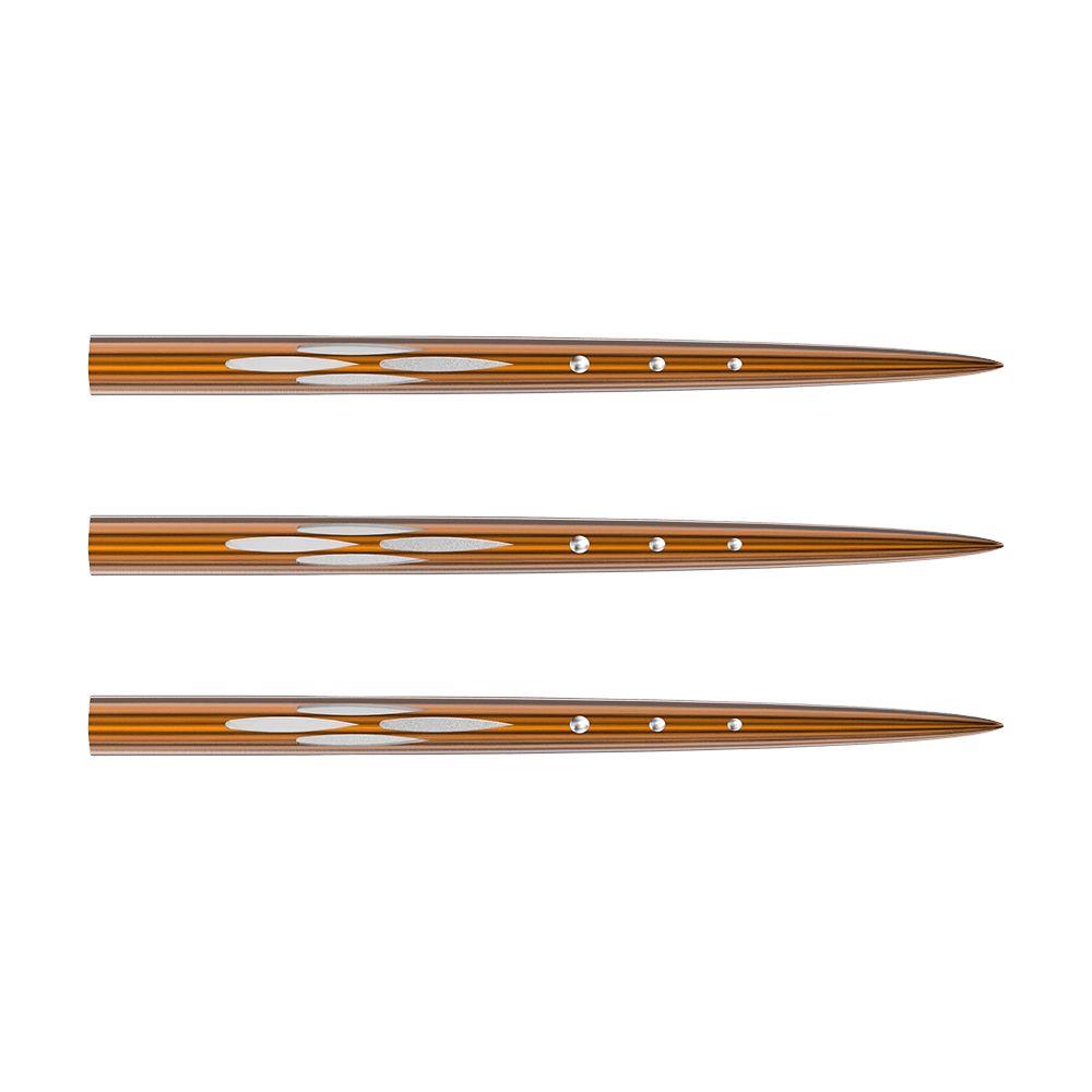 671_57721_Bulls_Adon_Point_Steeldartspitzen_1 Das Bild zeigt drei Steeldartspitzen des Produkts "Bulls Adon Points". Die Spitzen sind metallisch mit goldenen und silbernen Akzenten gestaltet.