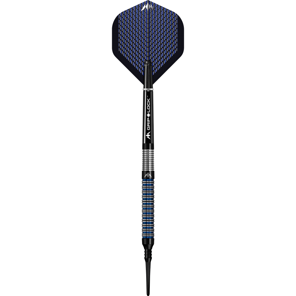 Mission Nightfall Model 1 soft darts Das Bild zeigt einen Softdart namens "Mission Nightfall Model 1". Der Dart hat schwarze und blaue Akzente sowie eine strukturierte Griffzone.