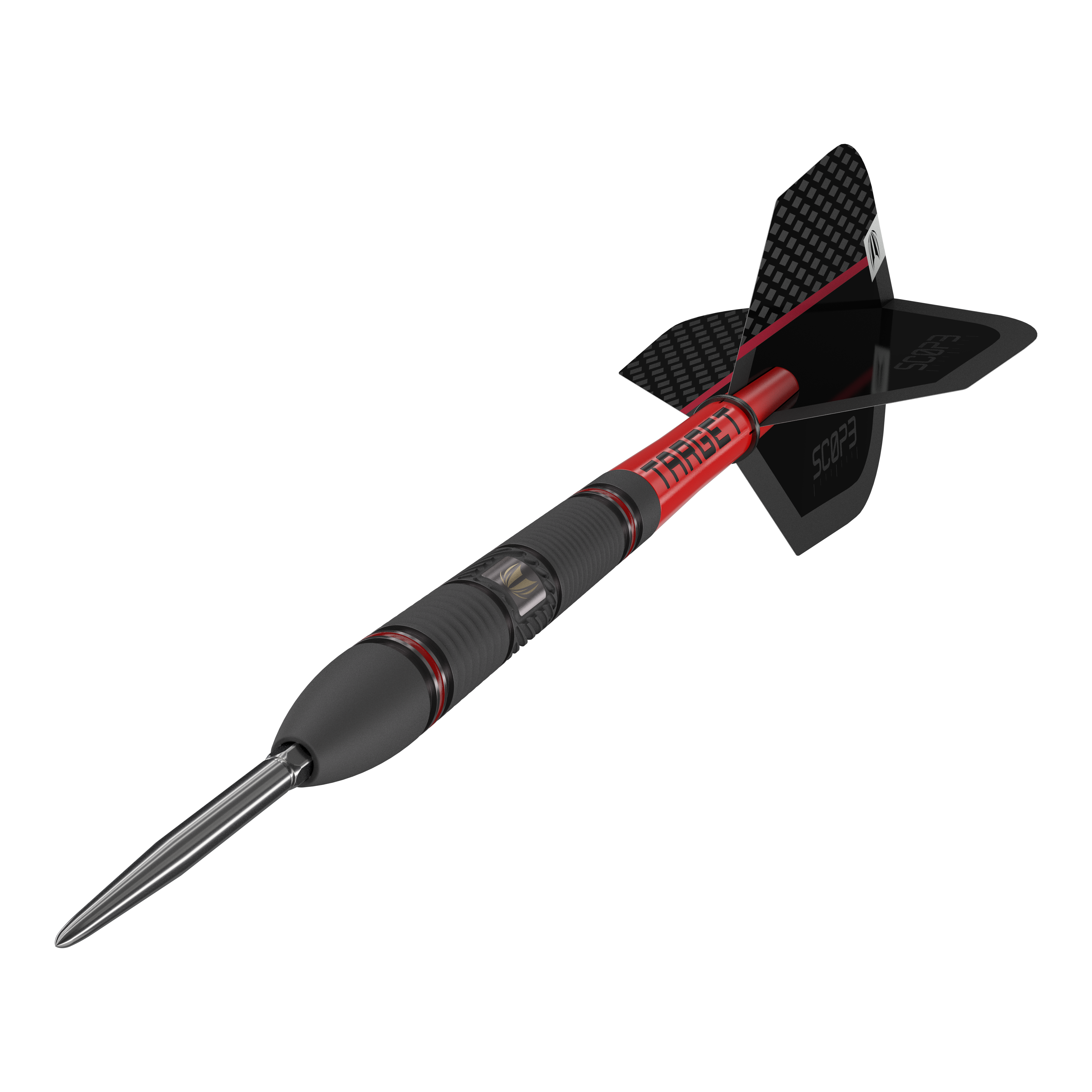 Target Scope 02 Swiss Point steel darts Das Bild zeigt den Target Scope 02 Swiss Point Steeldart. Der Dartpfeil hat ein schwarzes und rotes Design mit einer metallischen Spitze und schwarzen Flights.