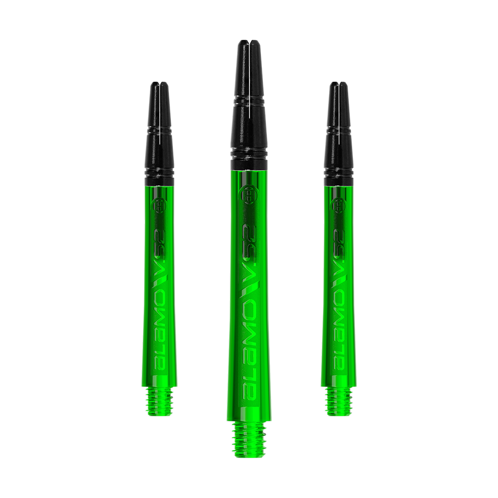 Harrows Alamo VS2 Shafts - Green Ein Set langer Dart-Schäfte mit glänzender Textur ist zu sehen. Die Schäfte liegen sortiert nebeneinander.
