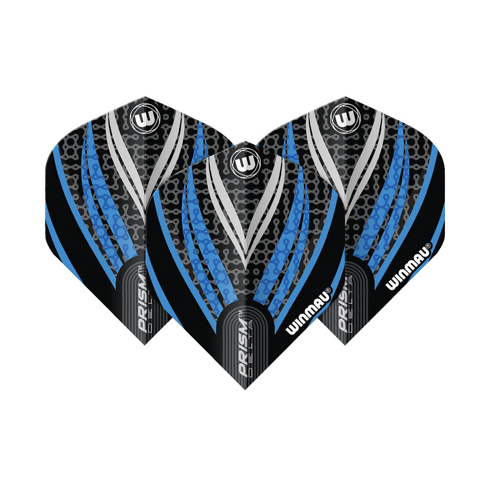 Winmau Prism Delta Black White Blue No. 2 Standard Flights Das Bild zeigt drei Dart-Flights des Modells "Winmau Prism Delta" in Schwarz, Weiß und Blau. Die Flights haben ein modernes, gemustertes Design mit den Markenaufschriften "Winmau" und "Prism Delta".