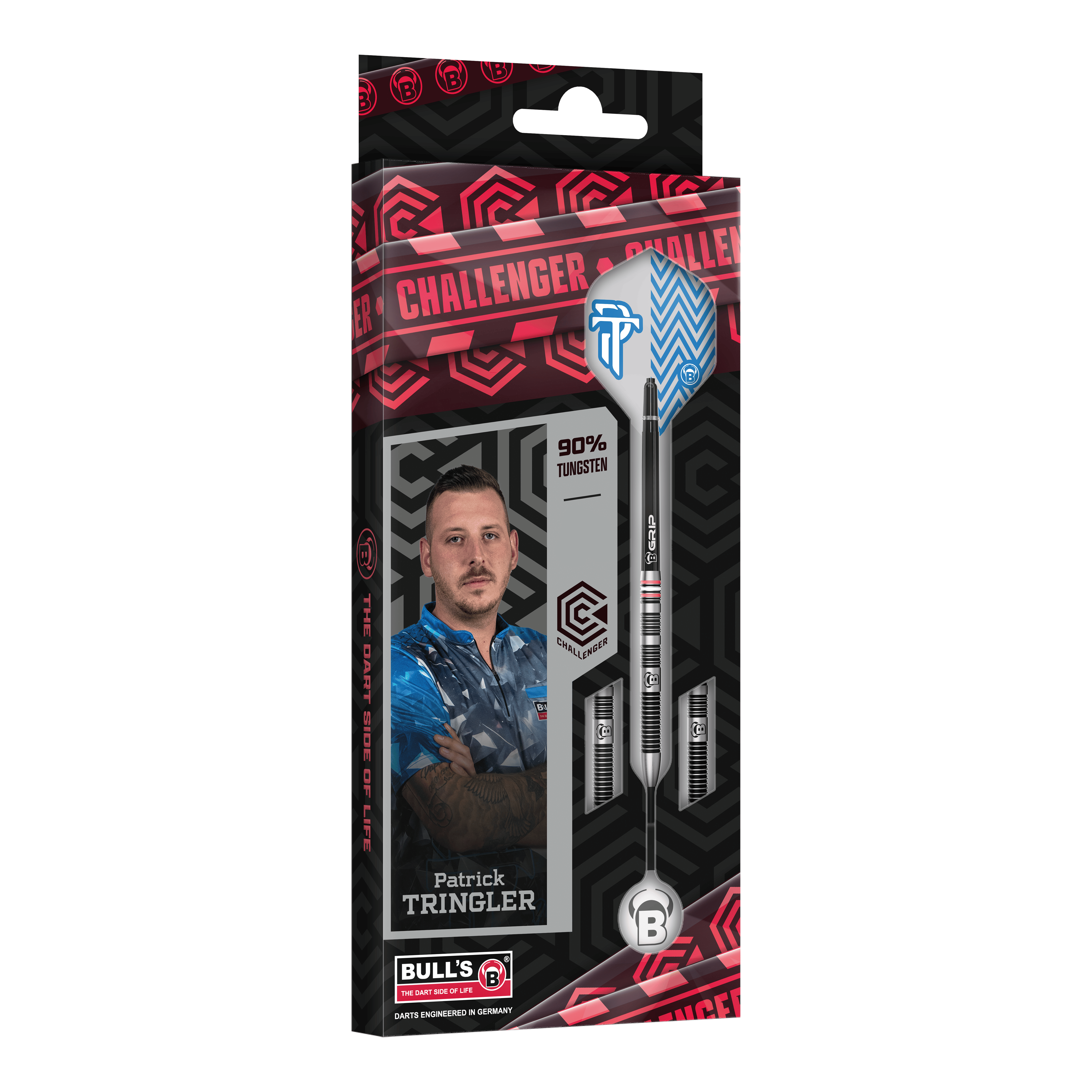 Bulls Challenger Patrick Tringler Steel Darts - 21g Zu sehen ist das Set Bulls Challenger Patrick Tringler Steeldarts mit 21g. Es handelt sich um hochwertige Steeldarts mit dem Namen des Profis Patrick Tringler.