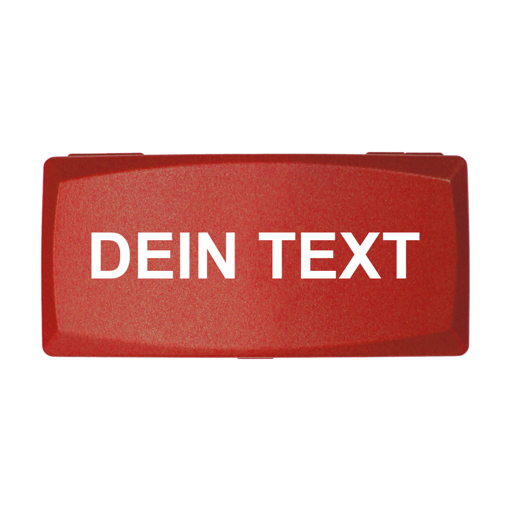 Das Bild zeigt eine rote rechteckige Box mit weißem Text darauf. Auf der Box steht in Großbuchstaben "DEIN TEXT".