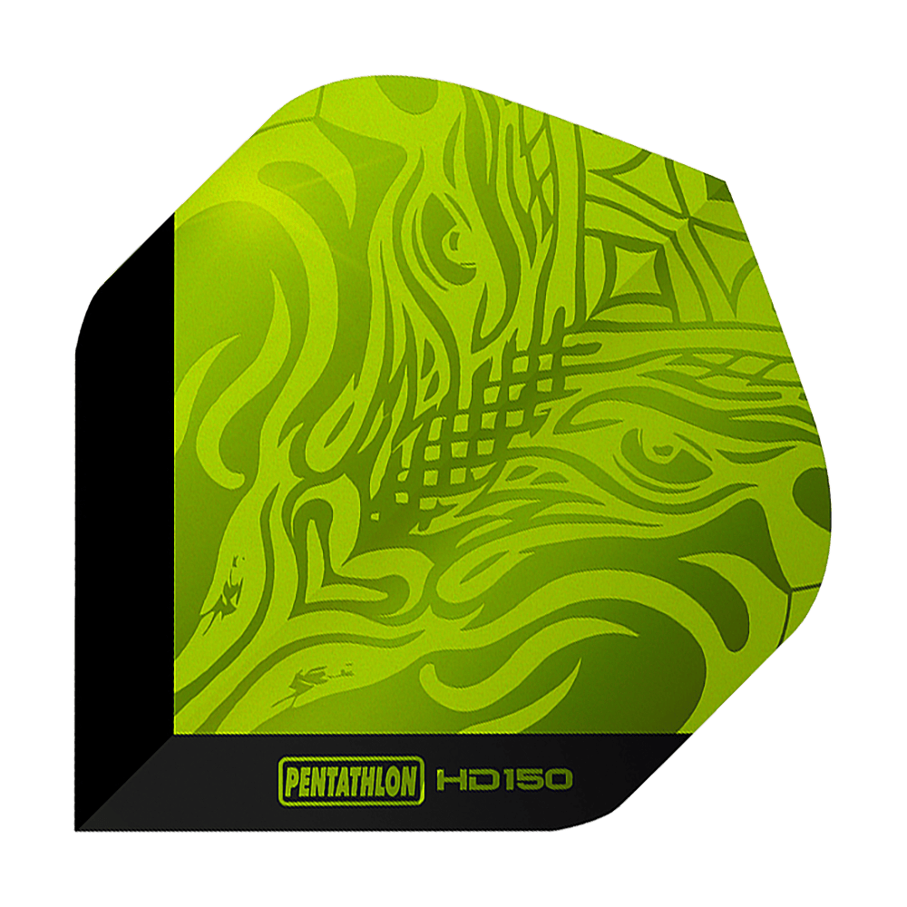 Pentathlon HD150 Metallic Green Standard Flights Das Bild zeigt ein Dart-Flight mit dem Namen "Pentathlon HD150 Metallic Grün Standard Flights". Das Flight ist grün mit einem abstrakten Muster und hat am Rand einen schwarzen Streifen mit gelber Schrift.