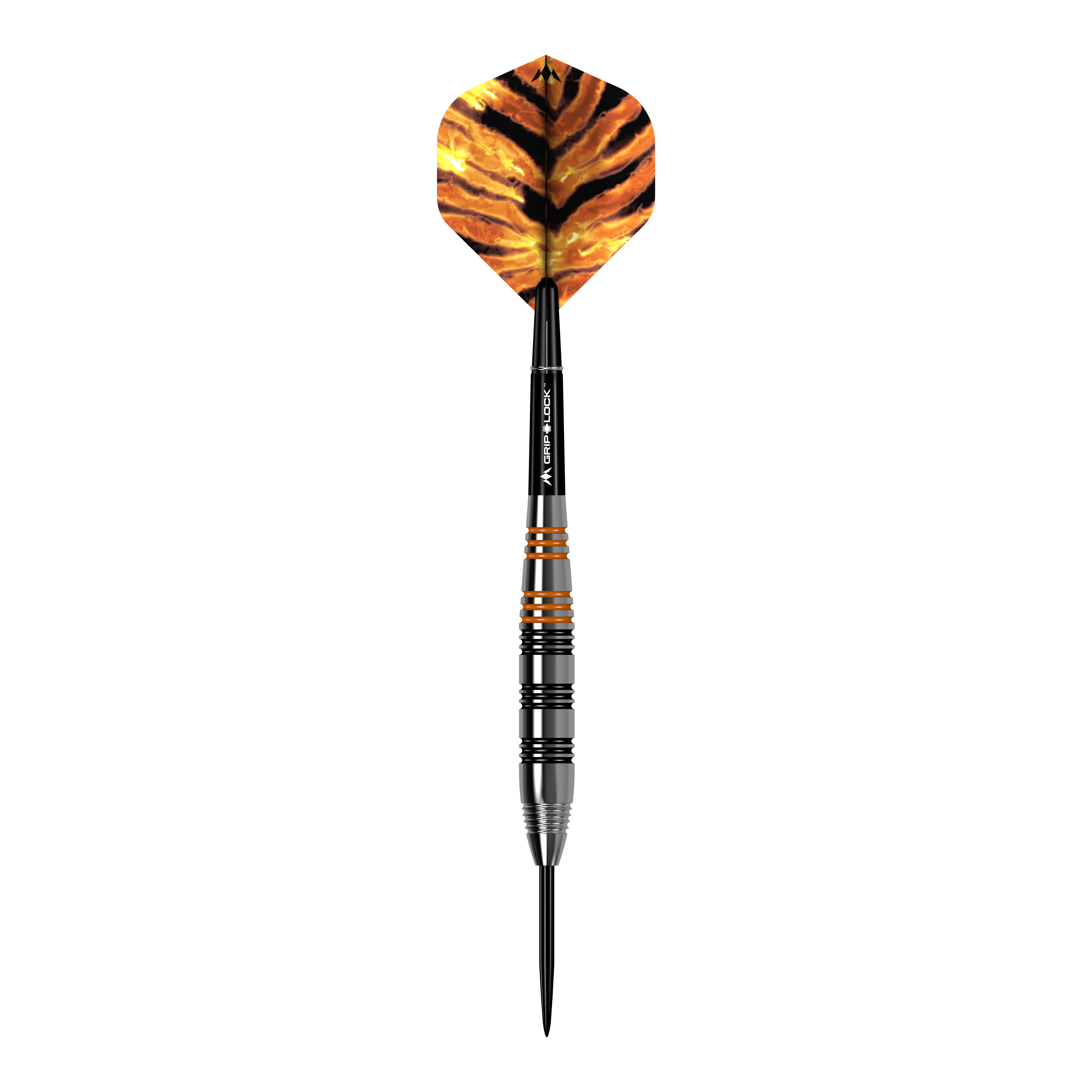 Mission Javan Brass Steel Darts - 22g Das Bild zeigt einen Steeldart namens "Mission Javan Brass Steeldarts - 22g". Der Dart hat schwarze und orangefarbene Akzente sowie eine Flügel mit einem Tigerstreifenmuster.