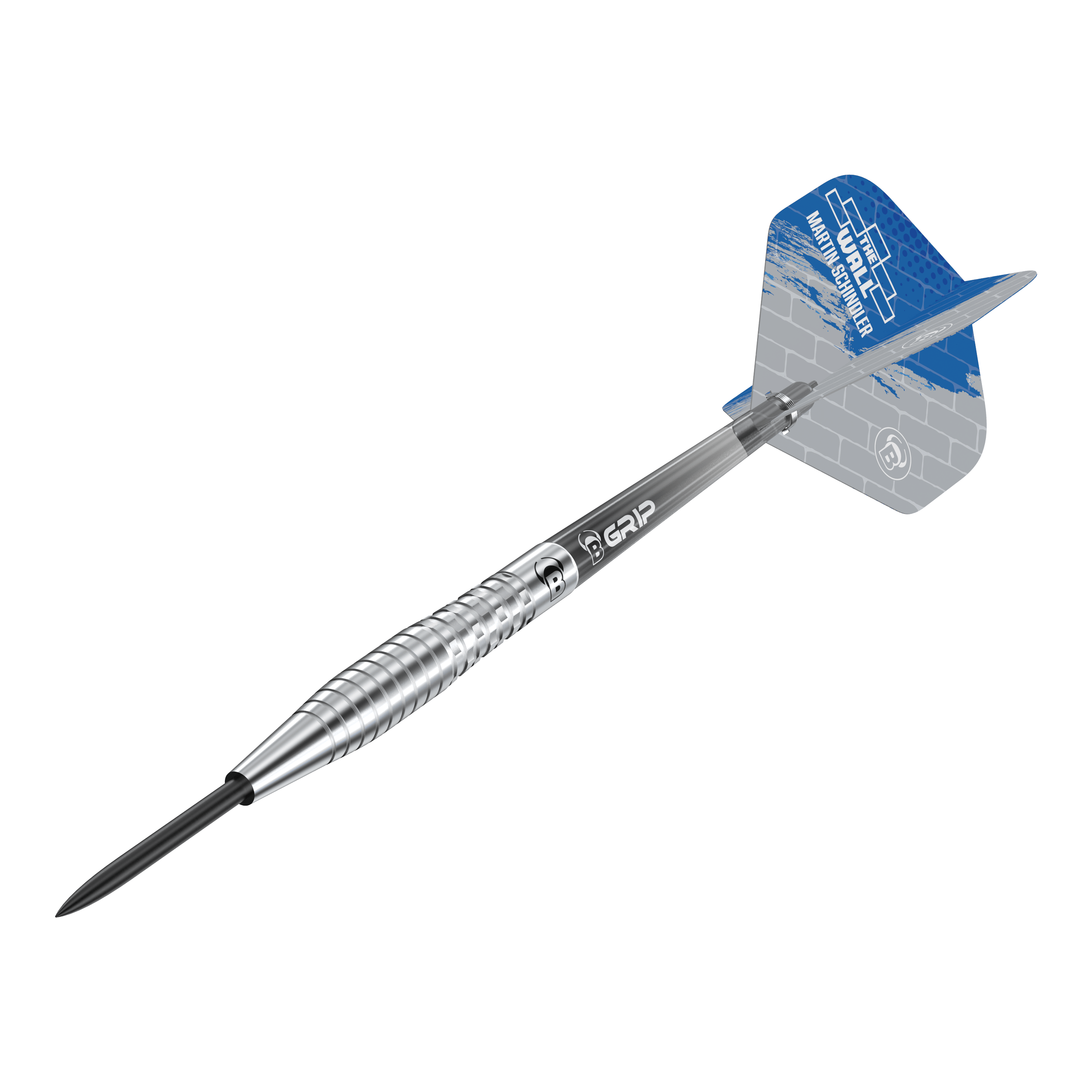 Bulls Martin Schindler Original Generation 2 steel darts Das Bild zeigt einen Bulls Martin Schindler Original Generation 2 Steeldartpfeil. Der Dartpfeil hat einen silbernen, geriffelten Schaft und ein blau-graues Flight mit Aufdruck.