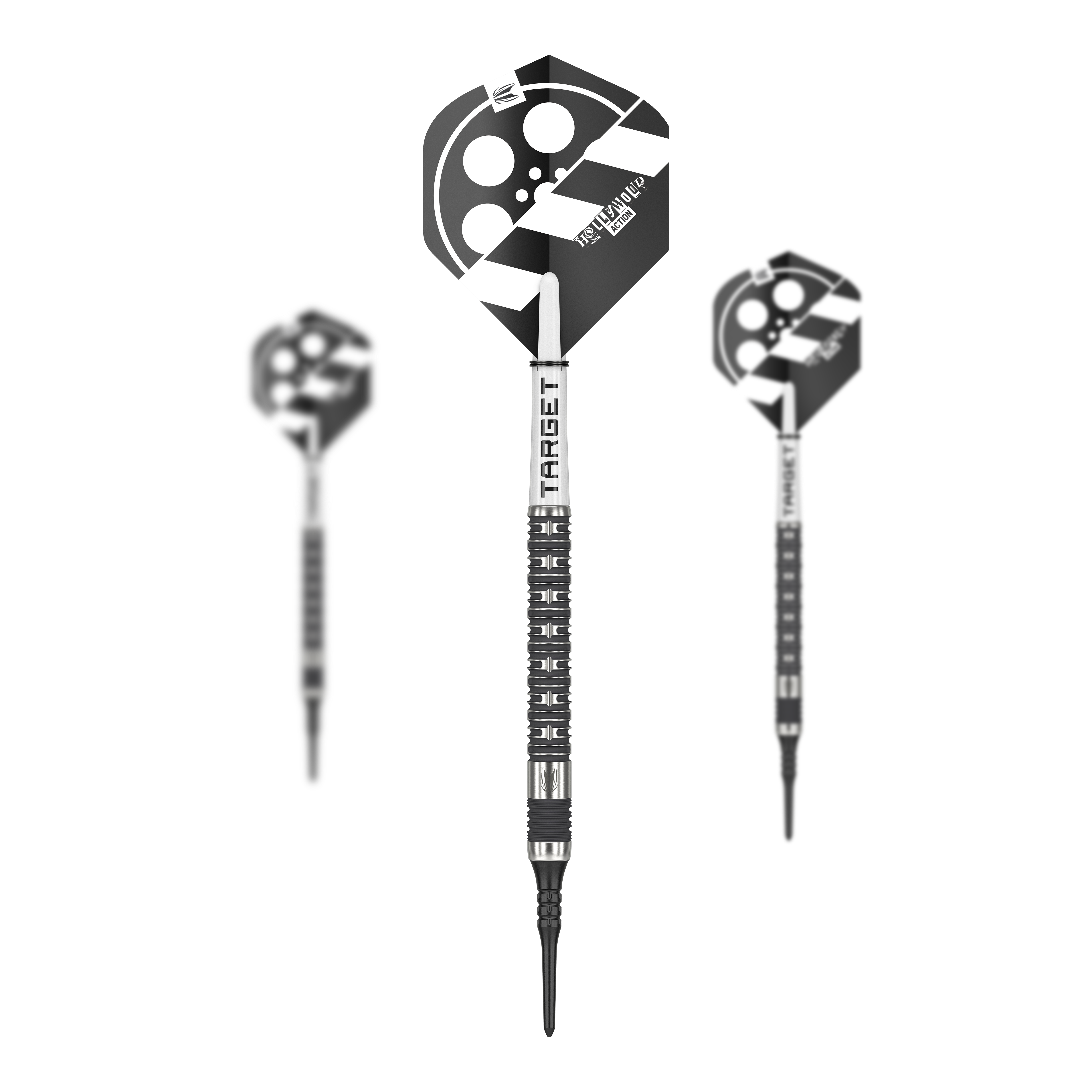 Target Chris Dobey Hollywood Action Softdarts - 20g Das Bild zeigt drei Softdarts des Produkts "Target Chris Dobey Hollywood Action Softdarts - 20g". Die Flights der Darts sind mit einem schwarz-weißen Hollywood-Design verziert.