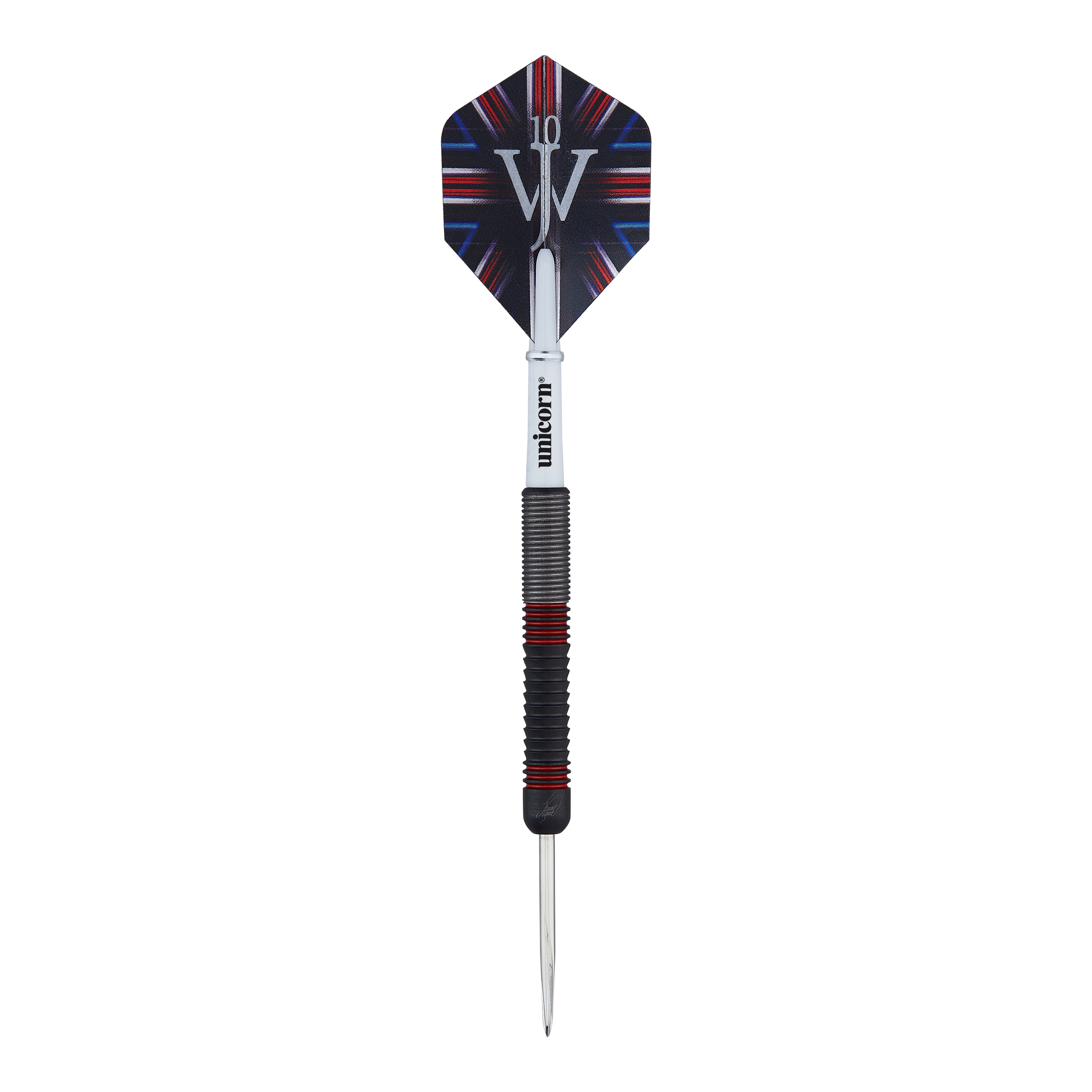Unicorn The Machine James Wade 80% steel darts Das Bild zeigt einen Steeldart-Pfeil des Modells "Unicorn The Machine James Wade 80%". Der Dart hat einen schwarzen Schaft mit roten Akzenten und eine Flights mit dem Aufdruck "JW".