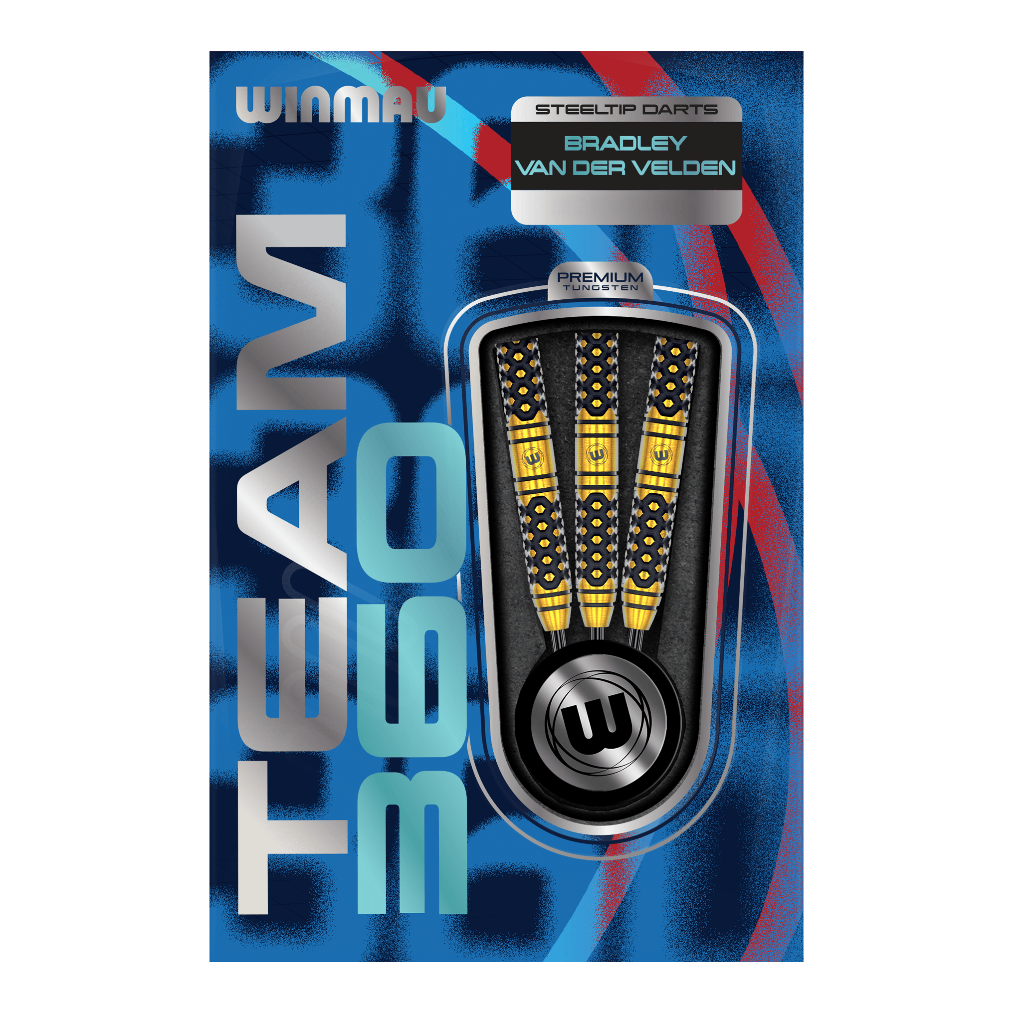 Abgebildet sind die Winmau Team 360 Bradley Van Der Velden Steeldarts - 22g. Das Foto hebt die Form und Verarbeitung der Darts hervor.