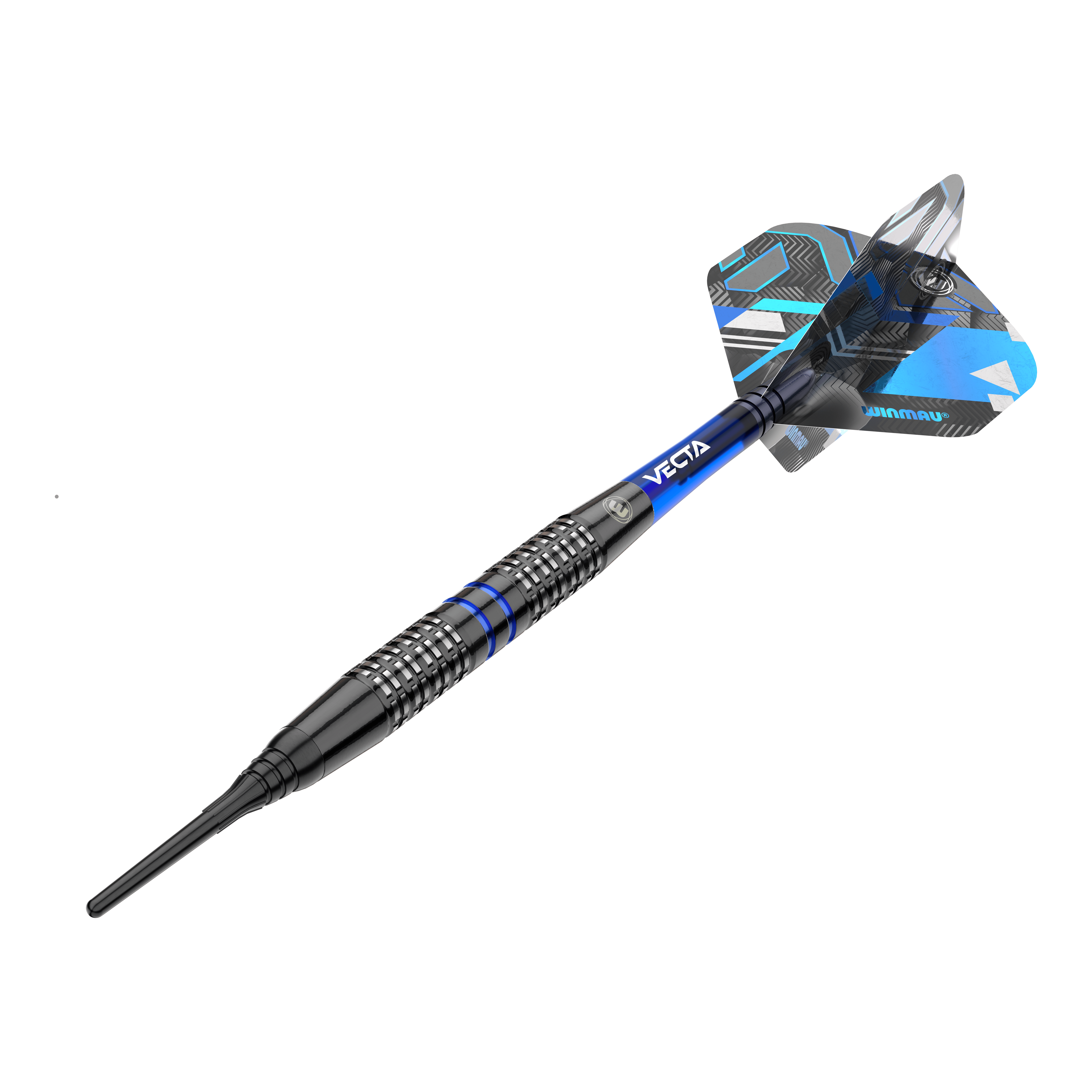 Winmau Galactics soft darts - 20g Das Bild zeigt einen Winmau Galactics Softdart mit einem Gewicht von 20 Gramm. Der Dart ist überwiegend schwarz mit blauen Akzenten und verfügt über ein modernes Design.