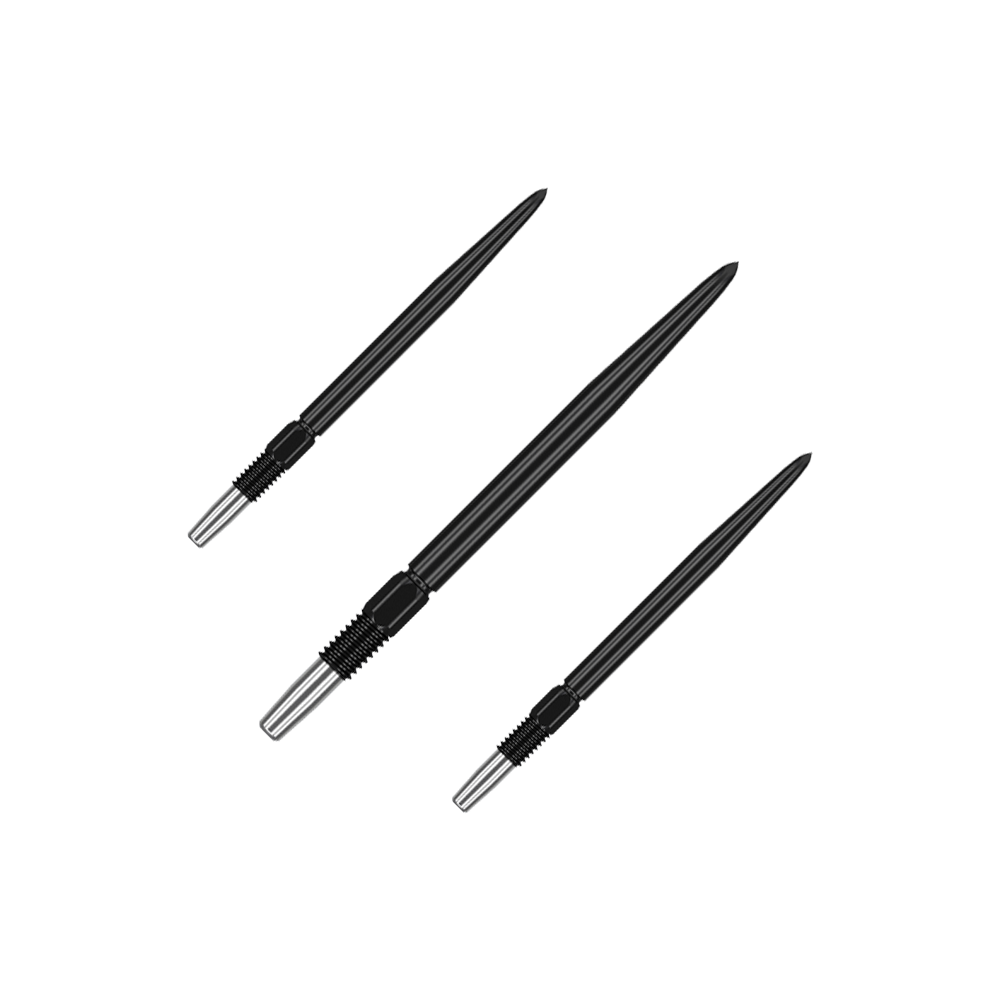 Target Swiss Point Black dart tips Das Bild zeigt drei schwarze Dartspitzen mit silbernen Gewinden. Sie sind nebeneinander auf grünem Hintergrund angeordnet.