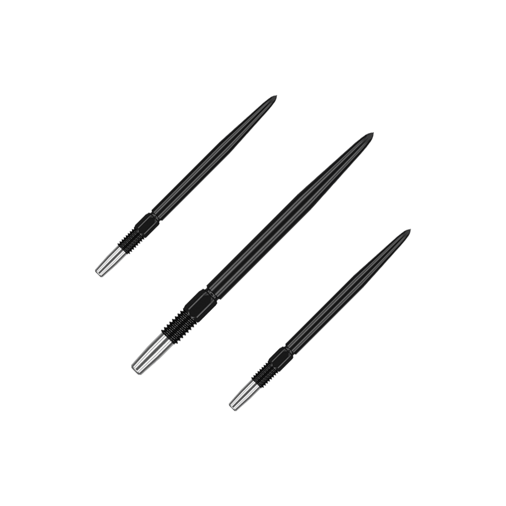 Target Swiss Point Black dart tips Schwarze Dartspitzen mit matter Fläche werden als Set präsentiert. Mehrere Spitzen sind nebeneinander gruppiert.