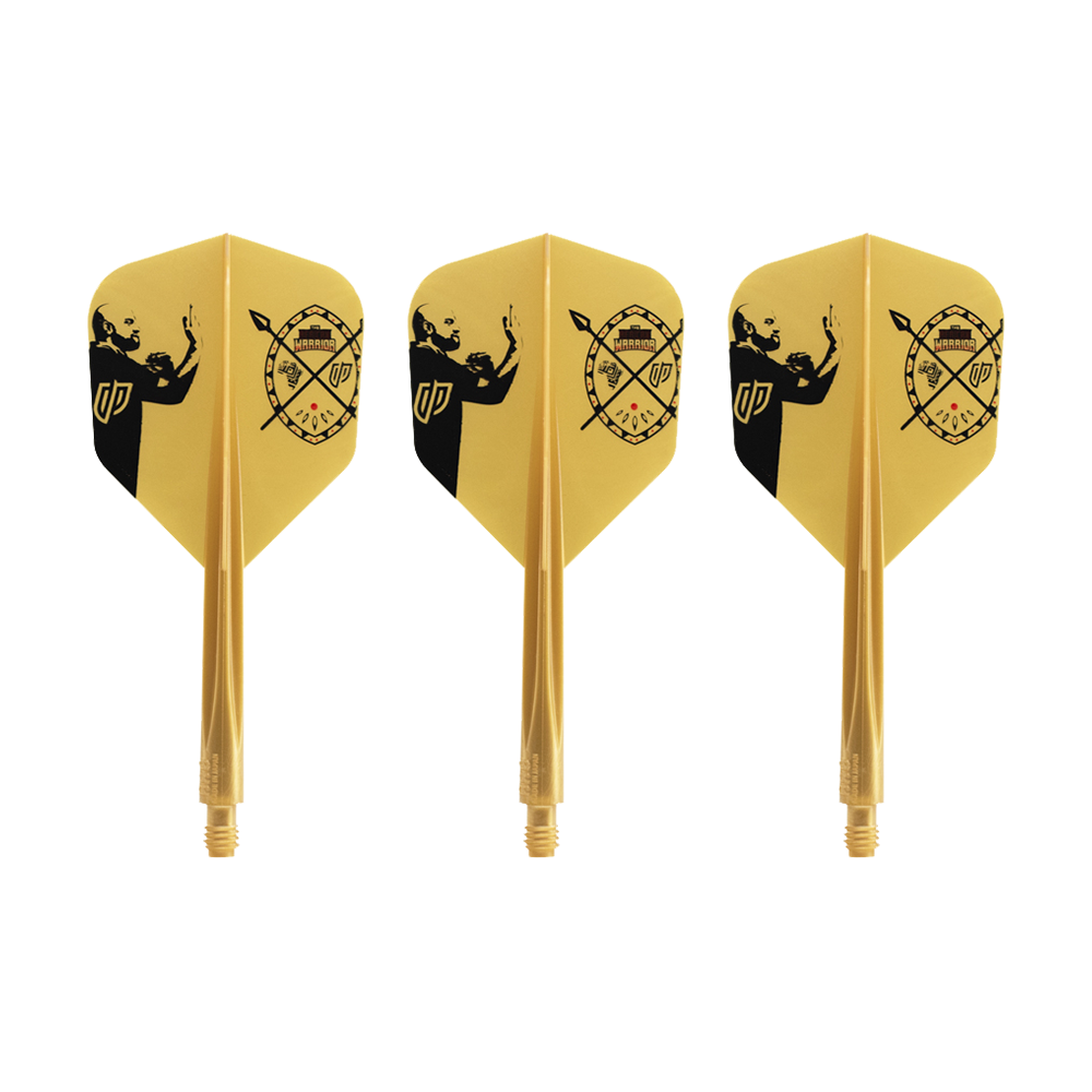 Das Bild zeigt drei gelbe Dart-Flights mit schwarzem Motiv und Aufdruck. Es handelt sich um das Produkt "Condor AXE Devon Petersen Inspiration Flight-System - Small".