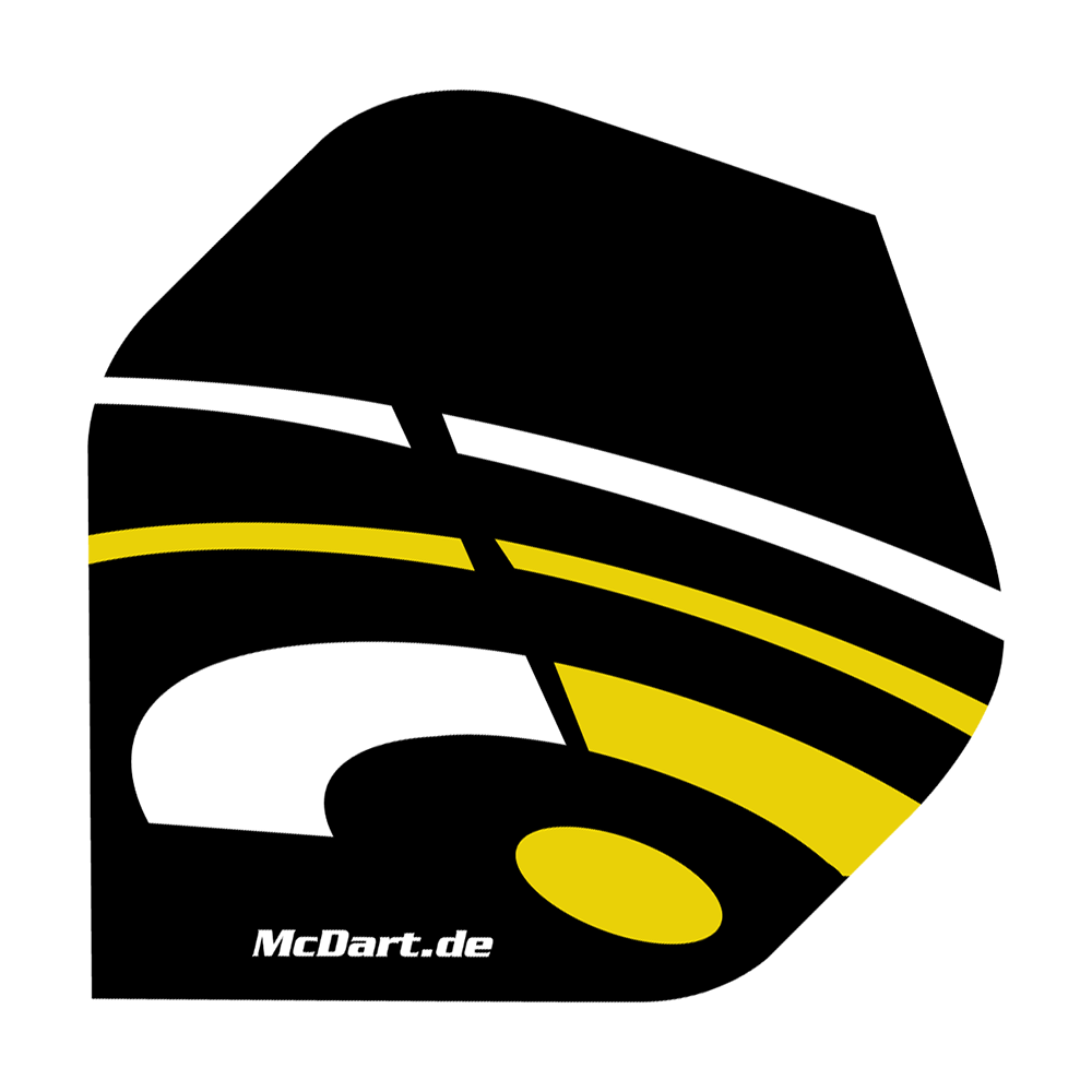 McDart ID Standard Flights - Yellow Das Bild zeigt ein McDart ID Standard Flight in den Farben Schwarz, Gelb und Weiß. Auf dem Flight ist auch die Webseite "McDart.de" aufgedruckt.
