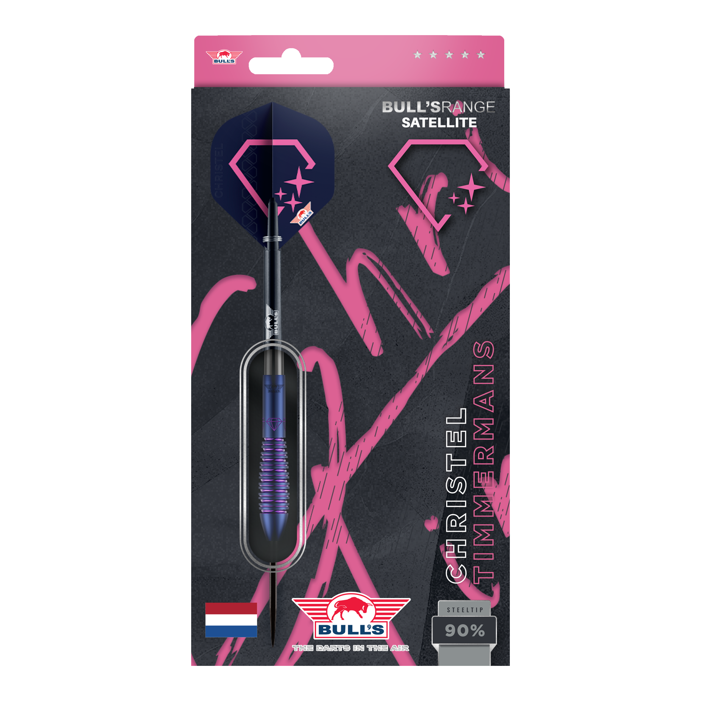 Die Bulls NL Christel Timmermans Satellite 90 Steeldarts 25g sind auf dem Bild abgebildet. Es handelt sich um hochwertige Steeldarts für Präzision und Leistung.